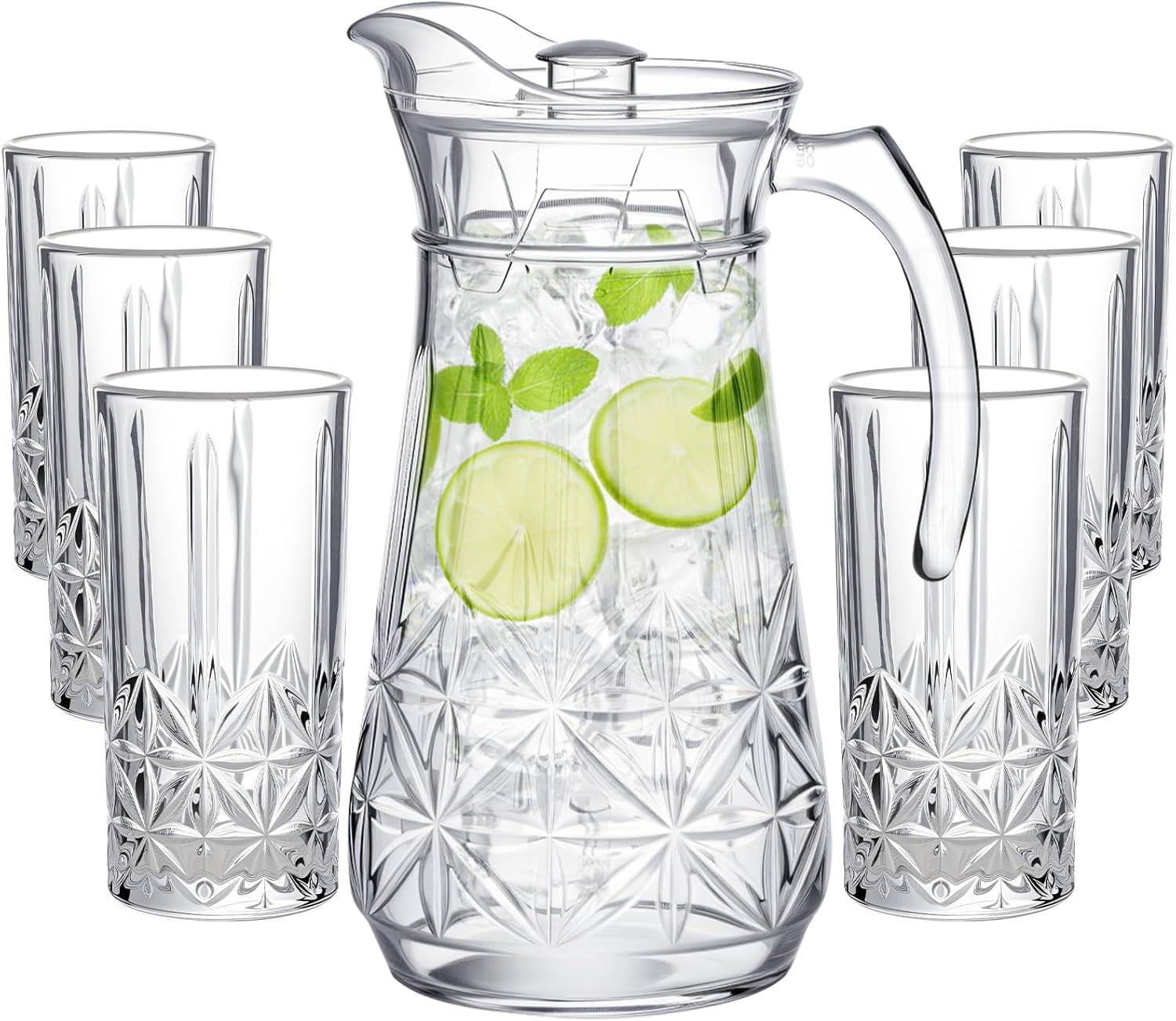 LemonRoad 7 Pcs Glasses Pitcher Drinkware Set 54oz Pitcher Carafe and 6 Tall Drinking Beverage Set, Jug with Lid and Spout for Juice, Iced Tea or Water(Crystle Style)