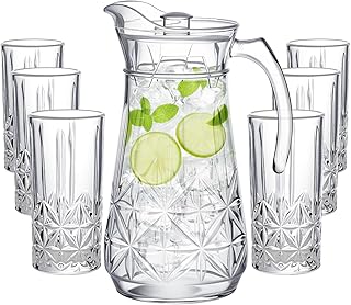 LemonRoad 7 Pcs Glasses Pitcher Drinkware Set 54oz Crystle Pitcher Carafe and 6 Tall Drinking Beverage Set, Jug with Lid and Spoutfor Juice, Iced Tea or Water