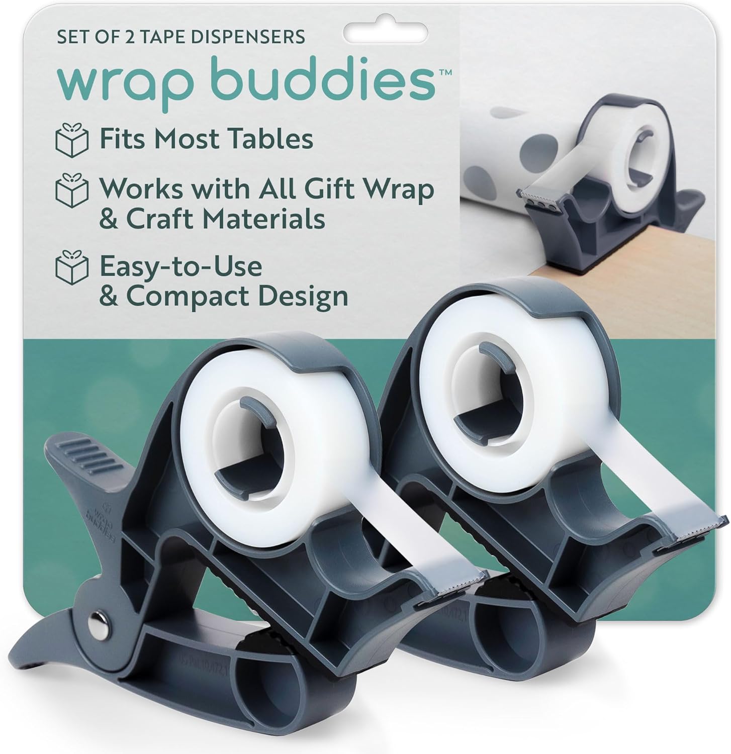 Wrap Buddies Tabletop Gift Wrapping Tool – Set of 2 Adjustable Wrapping Paper Table Clamps with Gift Wrap Tape Dispenser – One-Handed Tape Cutter – Perfect for Holidays and Crafting – Slate Grey