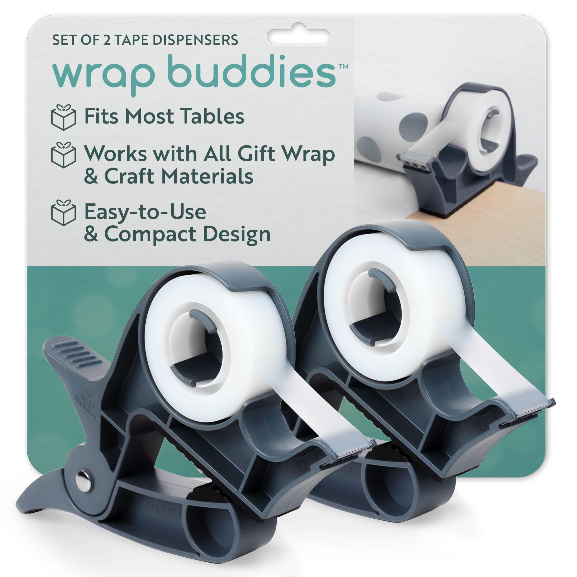 Wrap Buddies Tabletop Gift Wrapping Tool – Set of 2 Slate Grey Table Clamps – Adjustable Wrapping Paper Clamps with Gift Wrap Tape Dispenser – One-Handed Tape Cutter – Perfect for Holidays &amp; Crafting