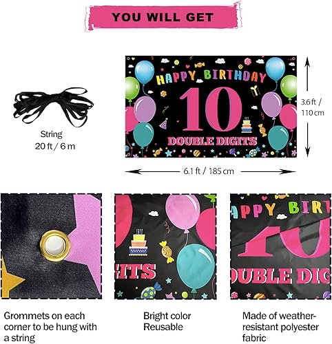 Miniatura 2 de Decoraciones de cumpleaños número 10 para niña, pancarta de fondo de feliz cumpleaños de 10 años, cartel de doble dígito para fiesta de cumpleaños