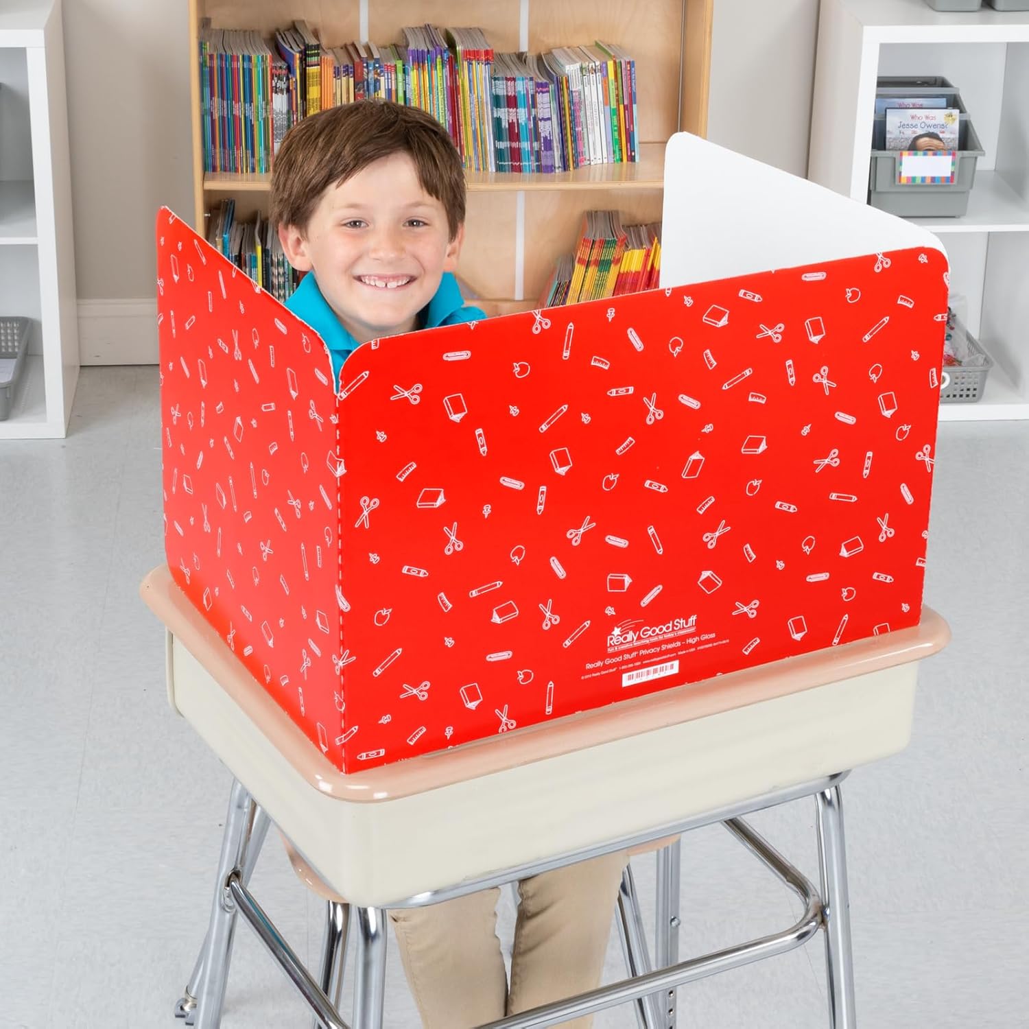 Really Good Stuff Standard Privacy Shields for Student Desks – Set of 12 - Matte - Study Carrel Reduces Distractions - Keep Eyes From Wandering During Tests , Red With School Supplies Pattern