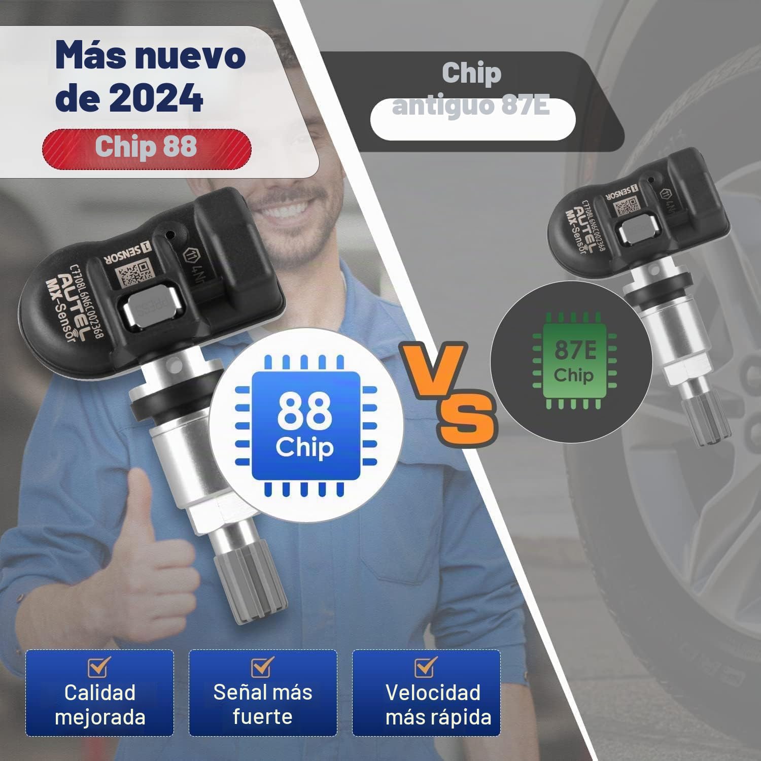 Autel TPMS MX-Sensor, Sensor Reemplazo Neumáticos Doble Frecuencia para Todos Coches, Idéntico al Sensor OE, Sensor Sistema Monitoreo Presión Clonable al 100% (Válvula Metal, 4 Piezas)
