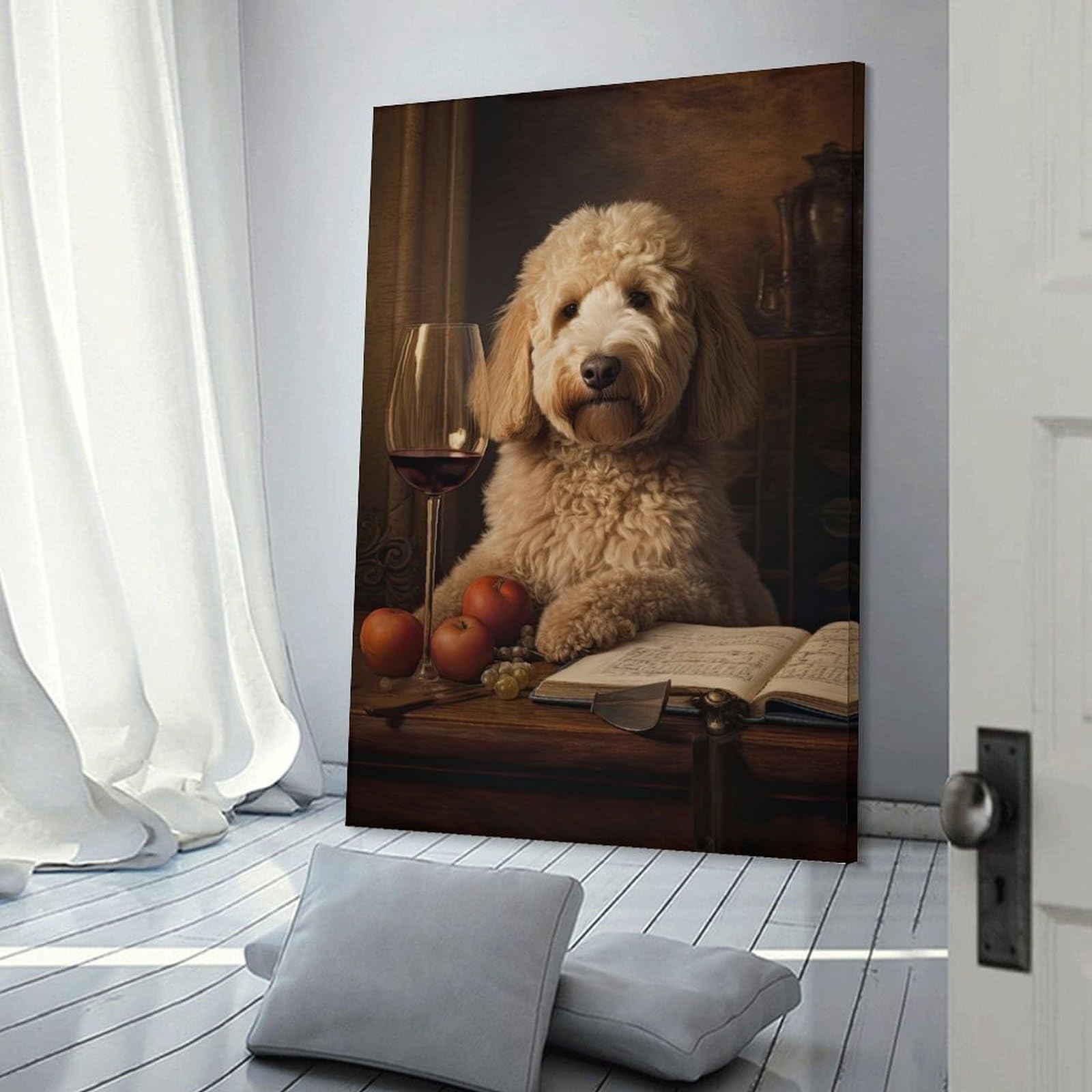 Junmoney Golden Retriever with Wine Glass Wall Picture Print 24x36inch(60x90cm), for Bedroom Decor, Cosy Corners Or Studios, Home Artwork with A Soft Interior Feel