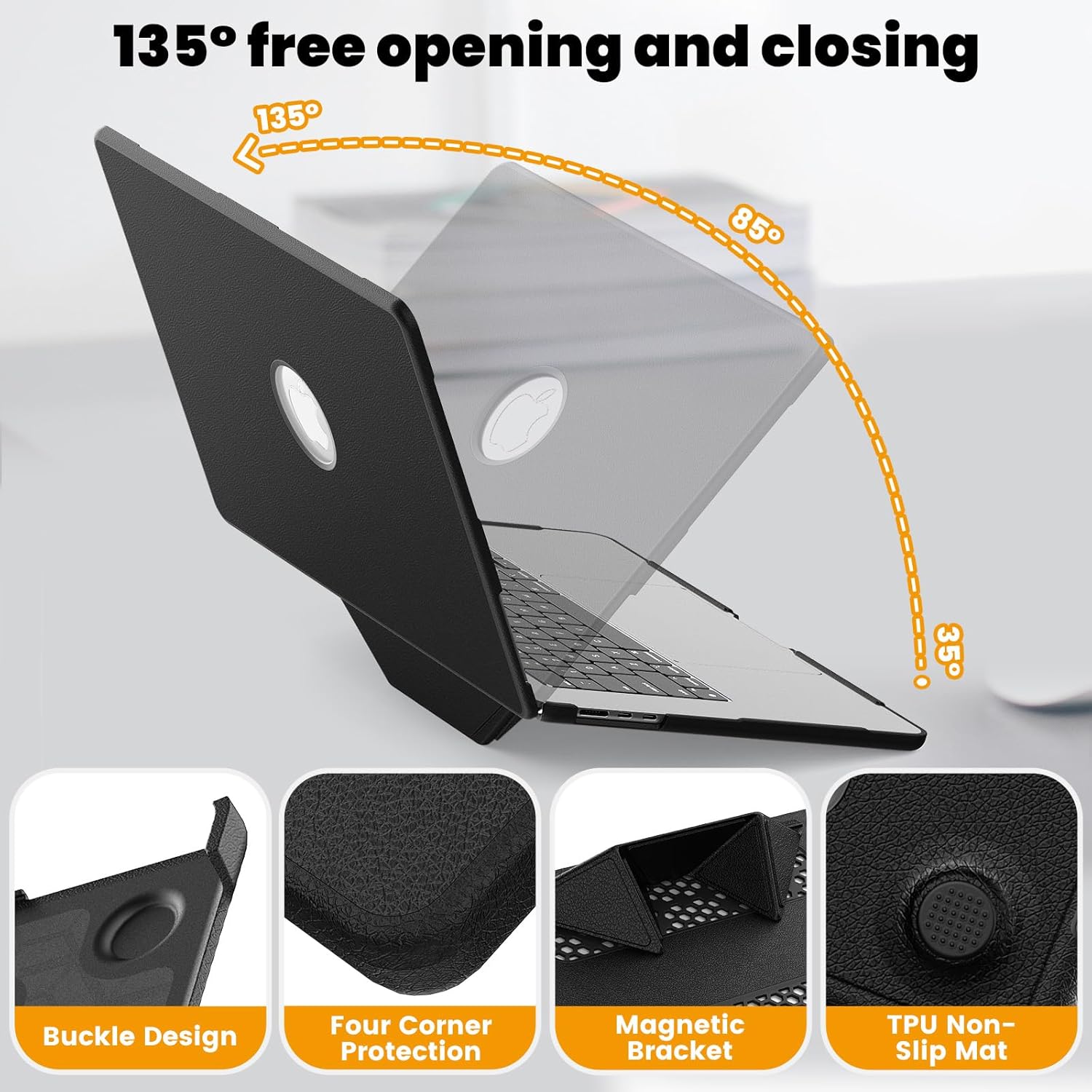 Compatible for MacBook Air 13/13.6 inch Case 2026-2022 M4 M3 M2, Foldable Stand | Keyboard Cover | Mouse Pad | PU Leather Plastic Hard Shell | Closes Seamlessly | Anti-Cracking, Black - Image 5