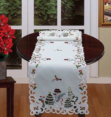 Creative Linens Camino de mesa bordado navideño con muñeco de nieve y árbol de Navidad, 15 x 53 pulgadas, color blanco