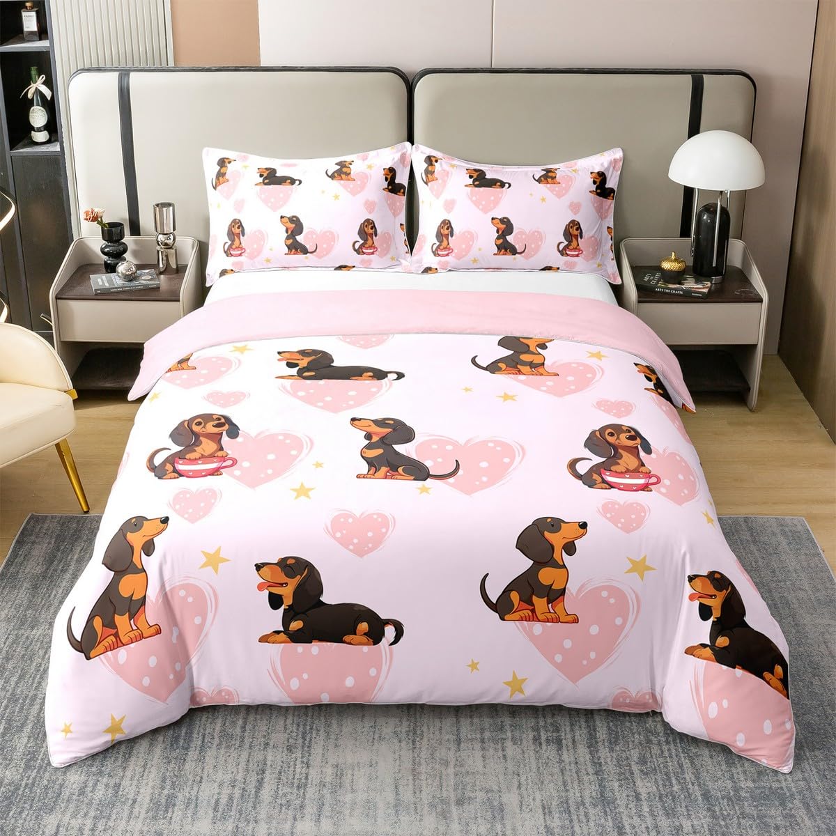 Dachshund 100% Baumwolle Bettbezug für Kinder Jungen Mädchen,Nette Hundebettwäsche Set 135x200,Cartoon Welpen Bettsets,Rosa Liebe Herz Bettbezug mit 1 Kissenbezug Atmungsaktiv,Kein Tröster