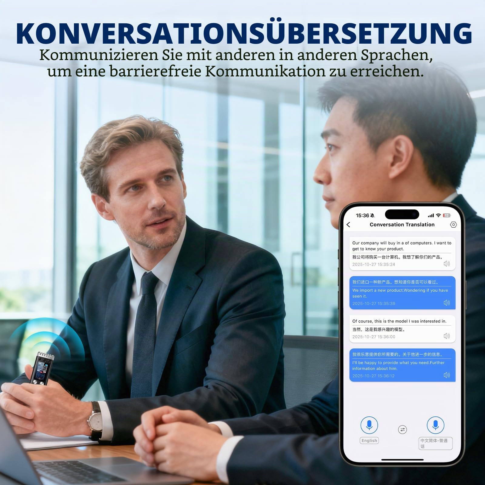 64 GB AI Digitales Diktiergerät - Professionelles tragbares Tonbandgerät mit KI-Transkription und Zusammenfassung, unterstützt 256 Sprachen, App-Steuerung für Konferenzen, Meetings