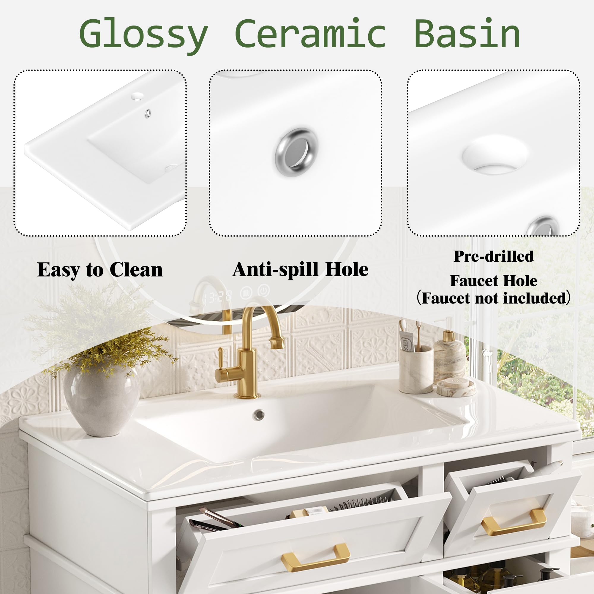 Mueble de baño con lavabo de cerámica moderno con gran capacidad de almacenamiento, cajones de cierre suave, protección contra desbordamiento, color blanco