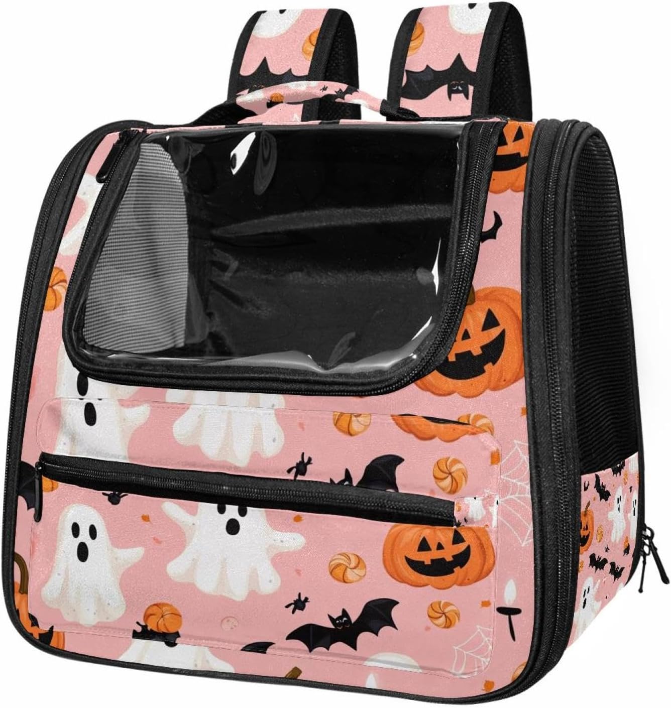 Portable Travel pet Backpack Carrier Hamster Bag Small Dog cat Carrier Breathable Hang Bag, Halloween Bats Candies Pumpkins