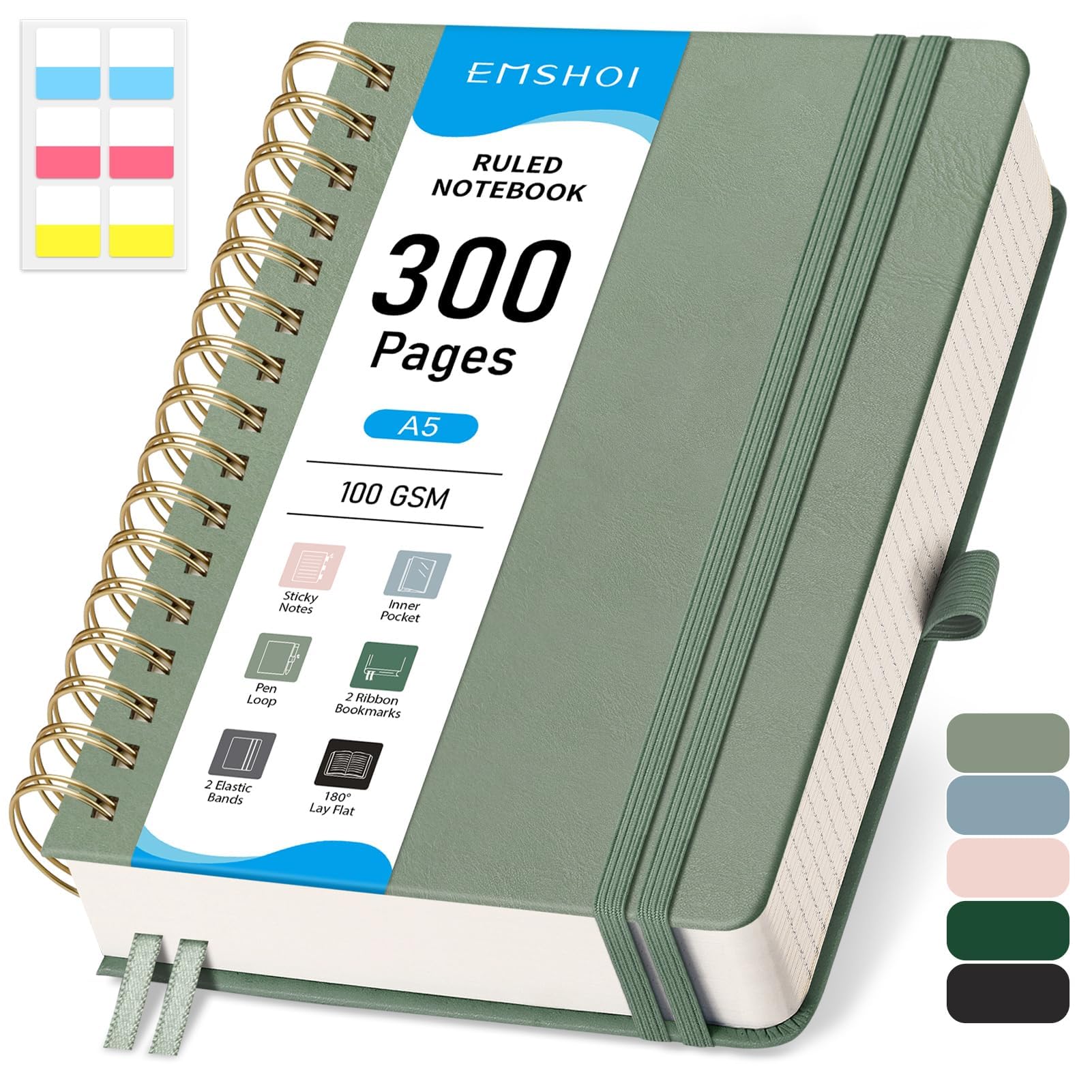 EMSHOI A5 Notebook College Ruled, Spiral Notepad 150 Sheets/300 Pages, 100gsm, HardCover, Sticky Notes, Pocket, Pen Loop, Ruler, Bookmark, Lined Journal for Women Men Writing, 14.5 x 21cm, Sage Green