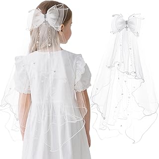 First Communion Veil Gifts for Girls Catholic White Bow Veil and Headpiece Accessories Set 1st Communion Easter Dress Up Kids - Buy now