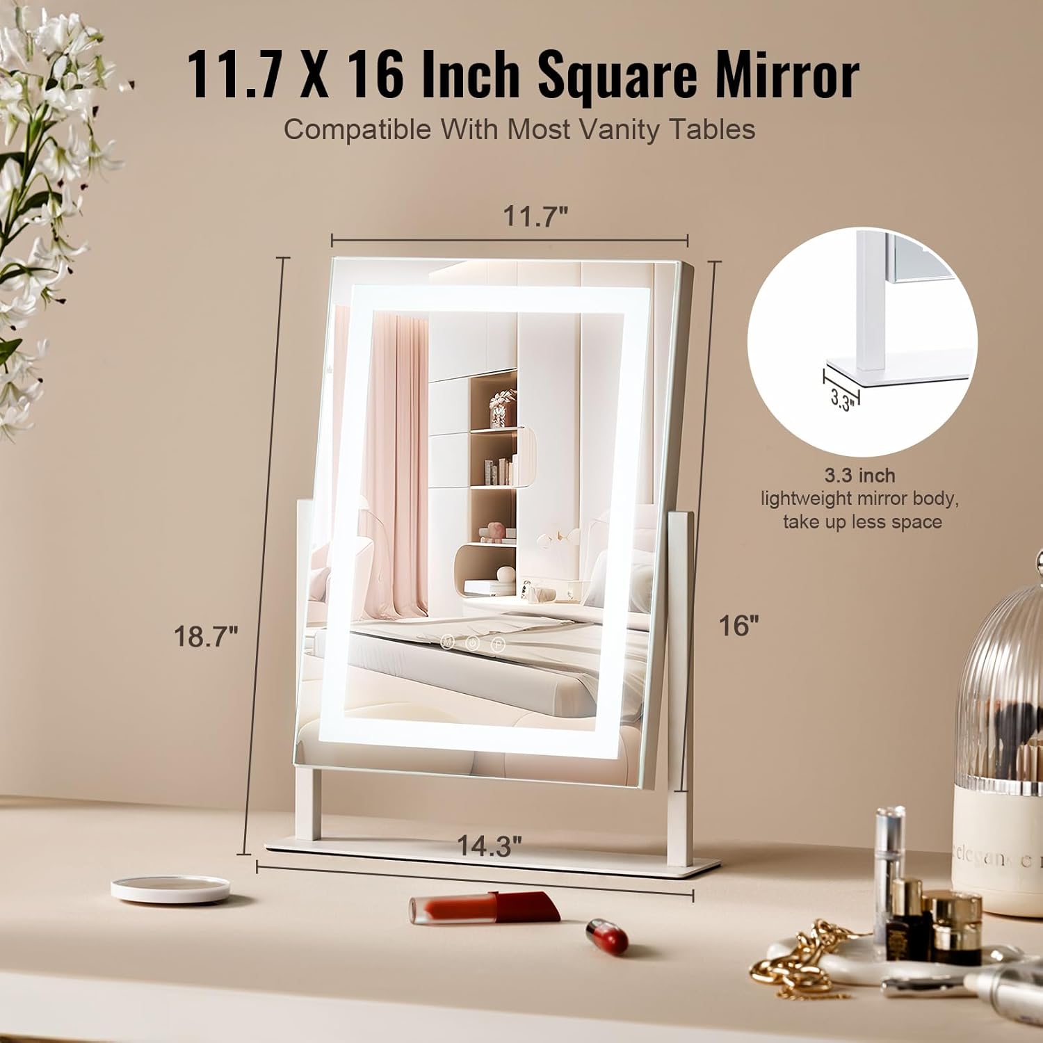 VEVOR Lighted Makeup Mirror, Three Color Lighting Modes Hollywood Vanity Mirror, Makeup LED Mirror with Lights, and 5X Magnification Mirror, Smart Touch Control, 360°Rotation (16.1x11.8 in, White)