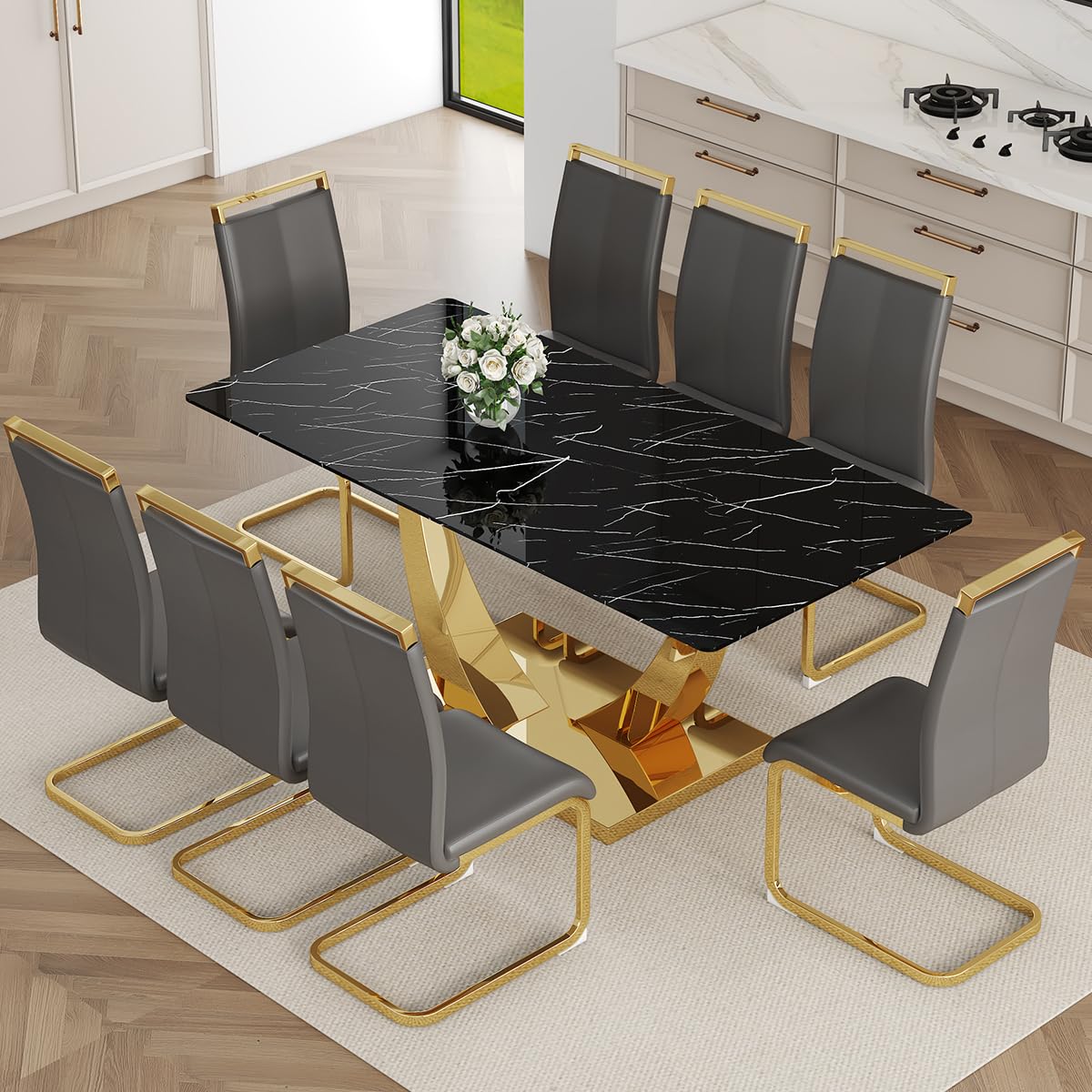 NYEESS Dining Room Table Set for 8,Gold Dining Table Set for 8, Black Rectangle Kitchen Table Set with Leather Chairs, 71” Faux Marble Dinner Table