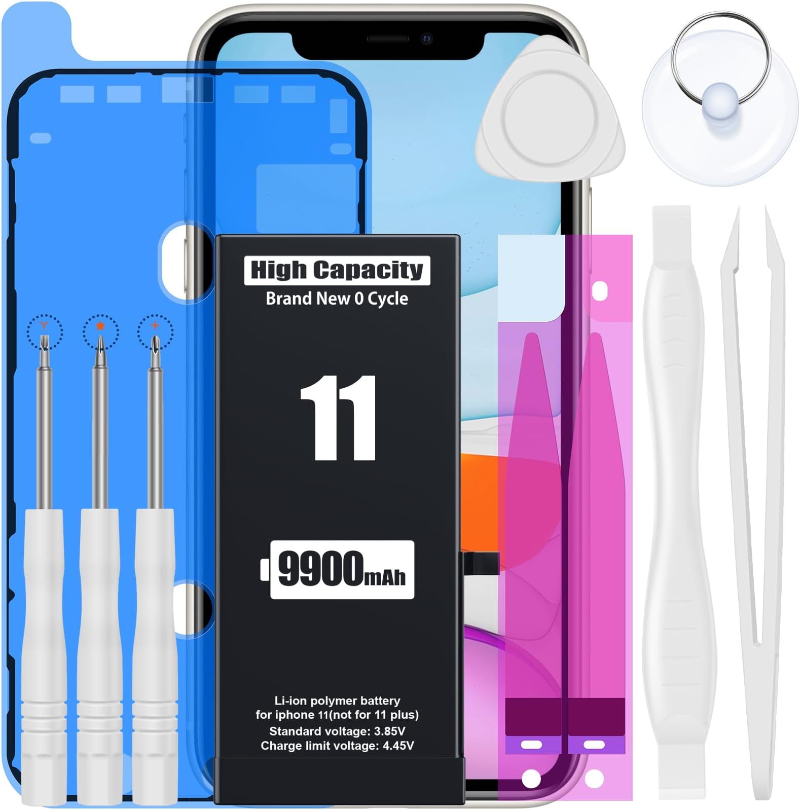EMNT（9900mAh Battery for iPhone 11 (2024 New Version), (Model:A2111, A2221, A2223) High Capacity Than Others Replacement Battery with Complete Repair Tool Kit and Instructions.