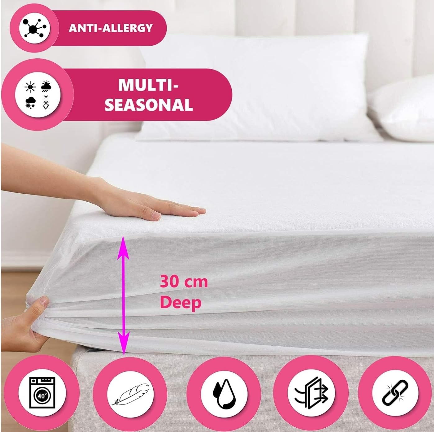 Coprimaterasso Matrimoniale Cotone Impermeabile 180 x 200 cm, Proteggi Materasso in Morbida Spugna con Angoli, Anallergico Antiacaro e Antibatterico, Bianco (Matrimoniale)