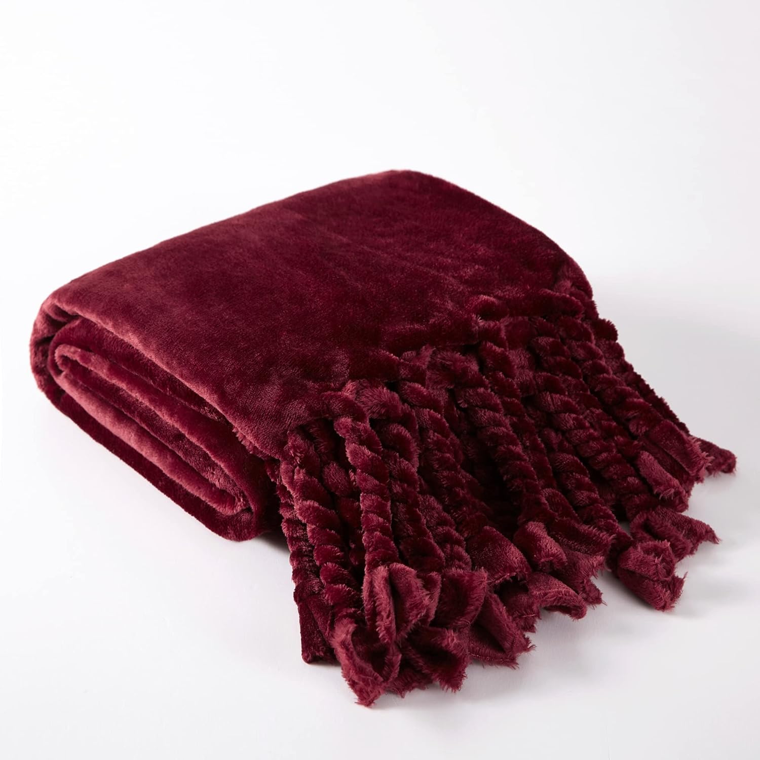 Burgundy Fleece Throw Blanket with Fringes, 50 x 60 Inch