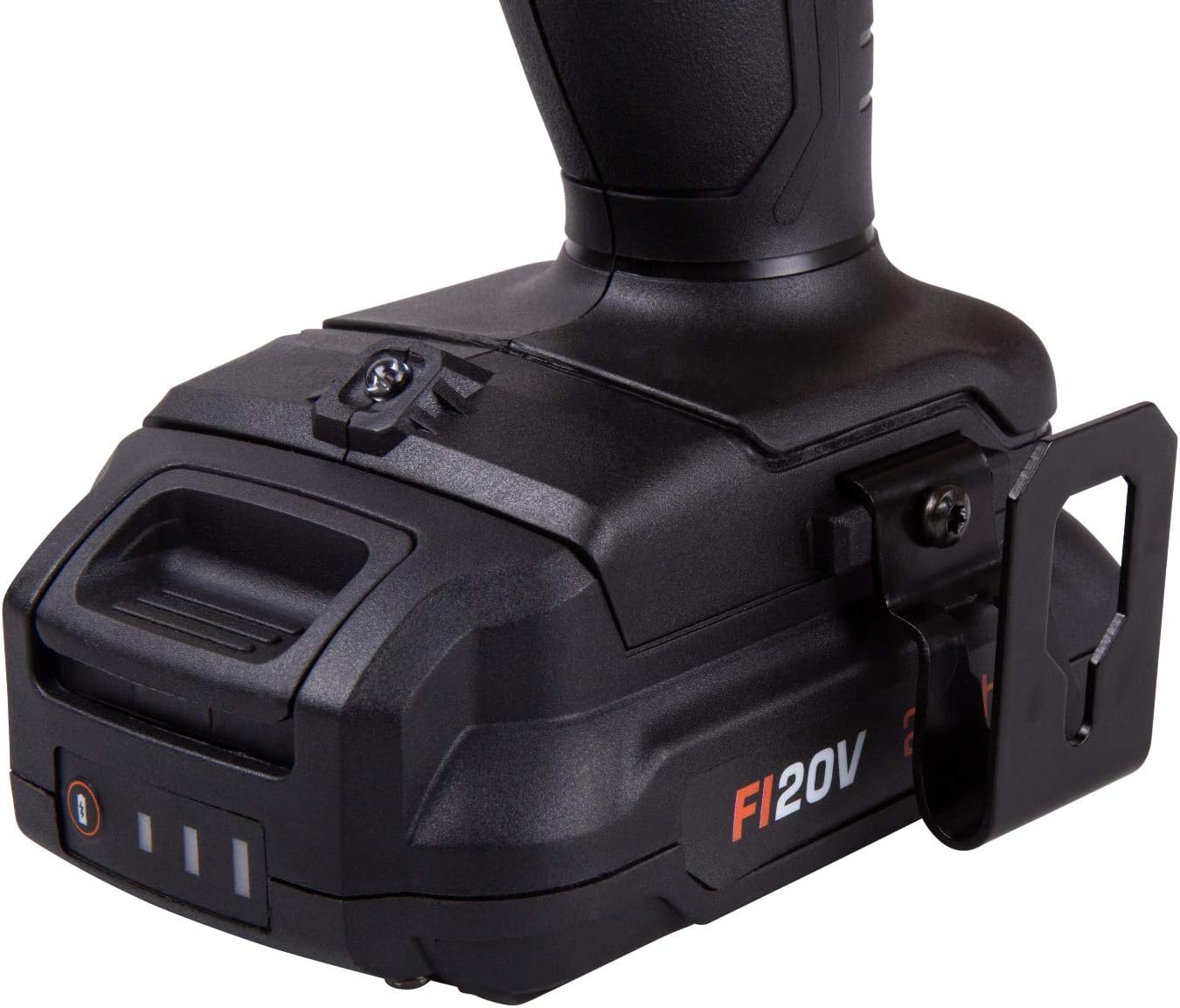 Close-up of FERM FI20V battery connection and belt clip