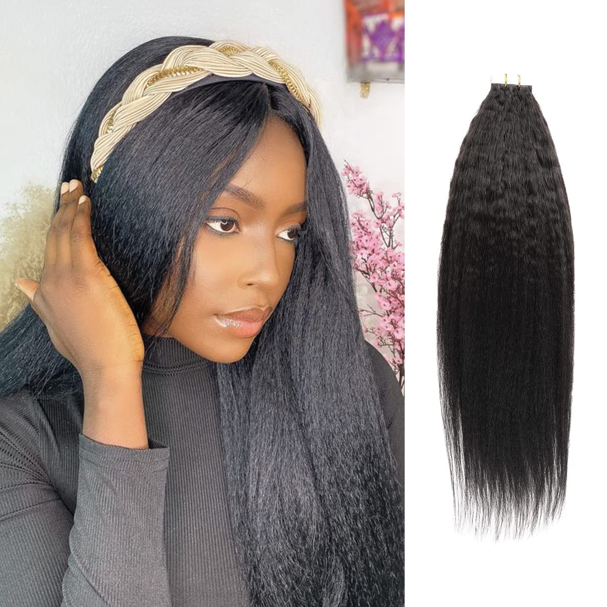 Starlet Tape In Hair Extensions Straight 12A 100% Virgin Human Hair 22 Inch 20Pcs 50g/Pack Tape Ins for Black Women Seamless Skin Weft Hair Extensions (22 Inch (Pack of 1), Straight (Natural Black))