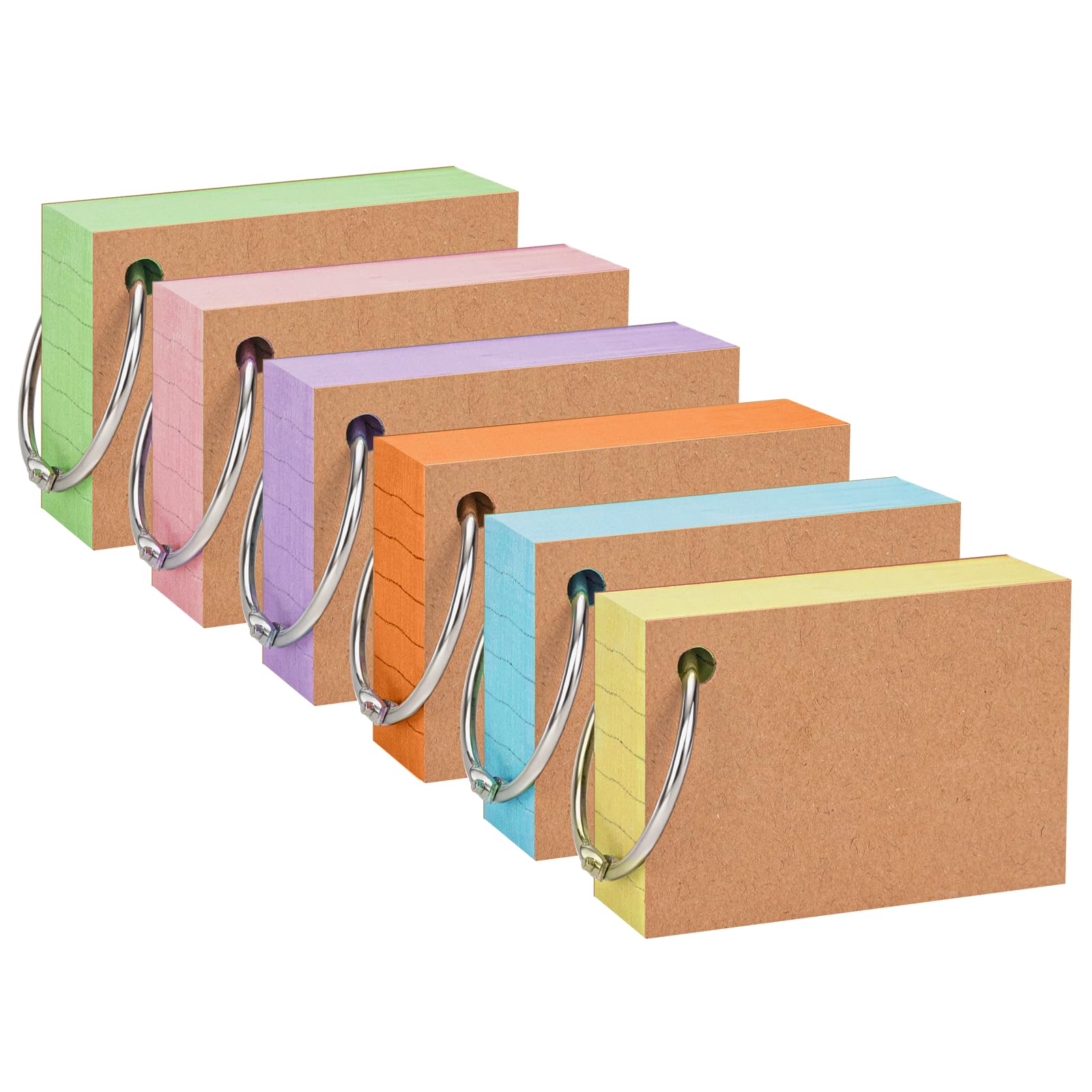 OWLKELA 600Pcs Flash Cards, A8 Index Card 2.91 * 2 Inches, 6 Colors, Ruled Revision Card with Kraft Paper and 6 Binder Rings, Study Cards for Office, School, and Home