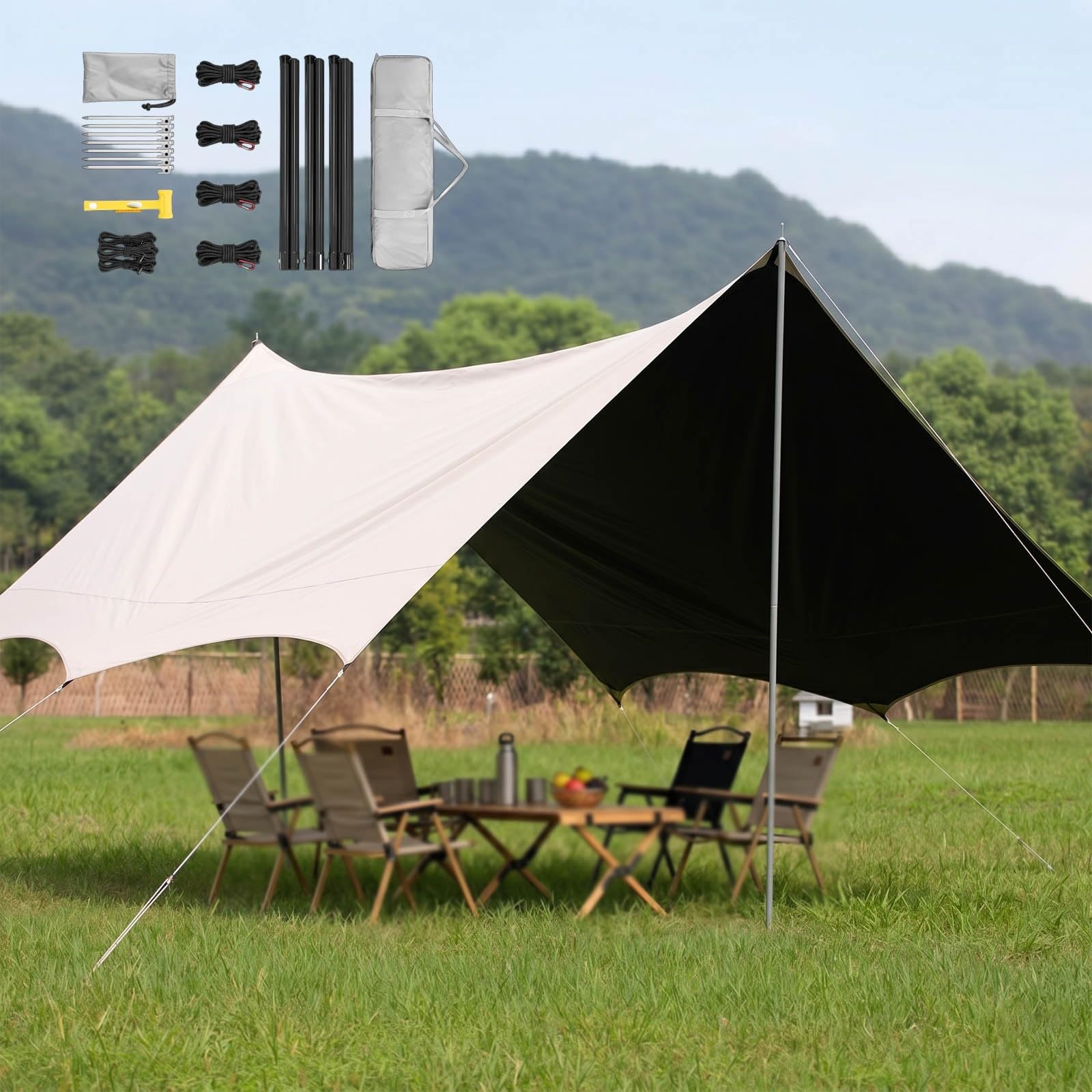 Toldo Camping, Carpas Playa Y Refugio Exterior 4.4x4.5/5.6m con Palos, Lona Toldo Impermeable Grande, Protección Solar UV, Toldo Sombra Portátil para Acampada(Green,560x440cm)