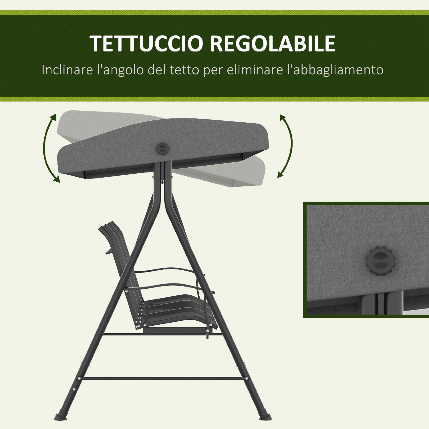 Dondolo da Giardino 3 Posti con Tettuccio Parasole in Metallo/Poliestere Dimensioni 195x118x170 cm Colore Grigio Scuro