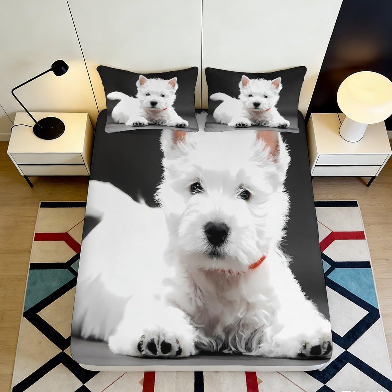 3D Printed White Puppy Fitted Sheet Microfiber Soft Anti-Slip 3D Dog Mattress Cover for Bedroom Guest Room Decor 120x200x25cm