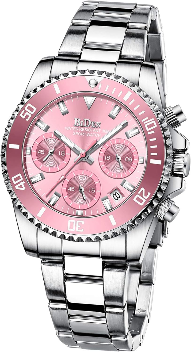 Women Elegant Chronograph Rotatable Bezel Mineral Glass