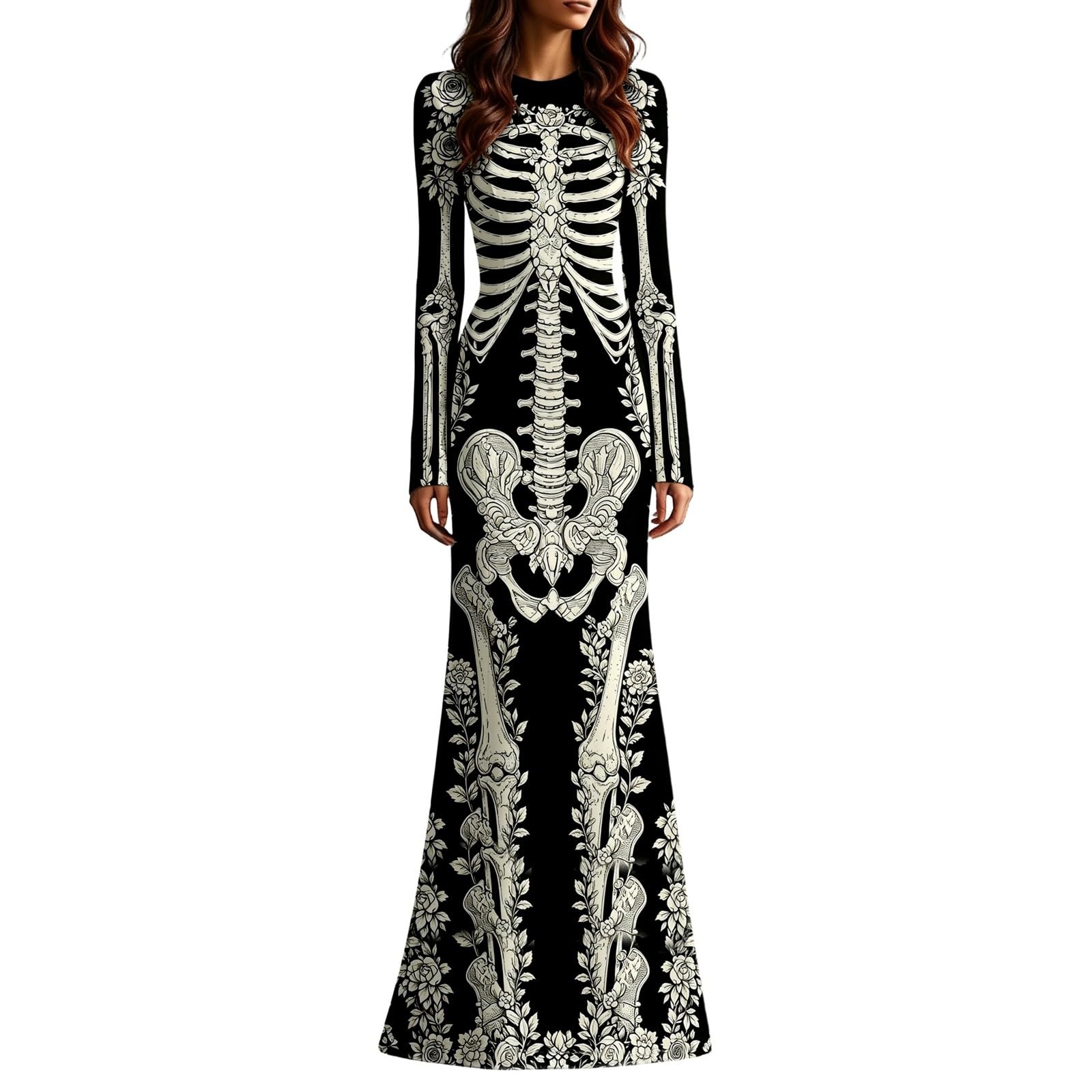 Women's Skeleton Print Mermaid Maxi Dress Long Sleeve Halloween Dresses for Women 3D Digital Print Floral Gothic Fancy Dress Costume