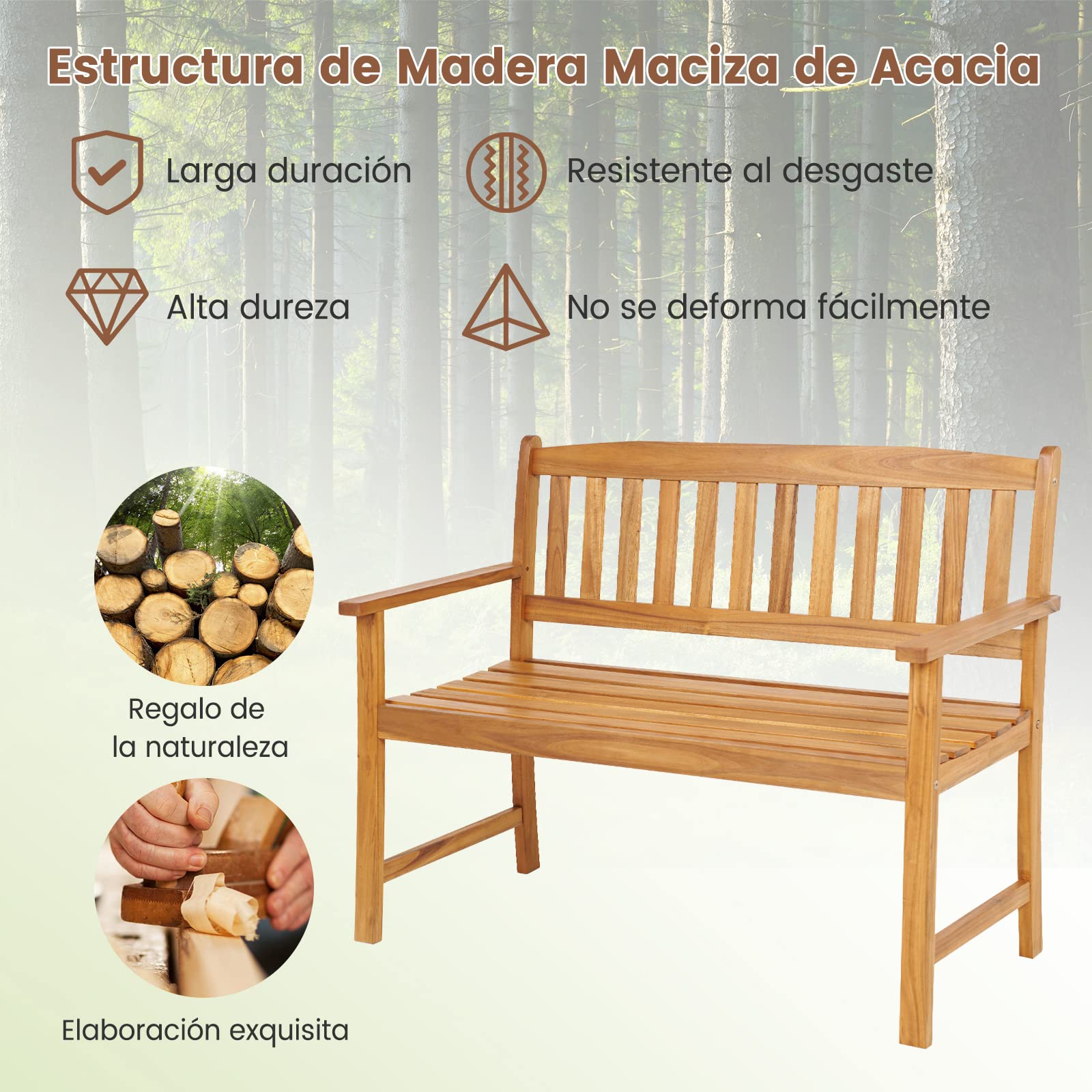 COSTWAY Banco jardín Exteior de Madera de Acacia, 2 Plazas, Banco Madera con Respaldo y Reposabrazos, 110/122 x 56,5 x 86 cm, hasta 360kg (110cm)