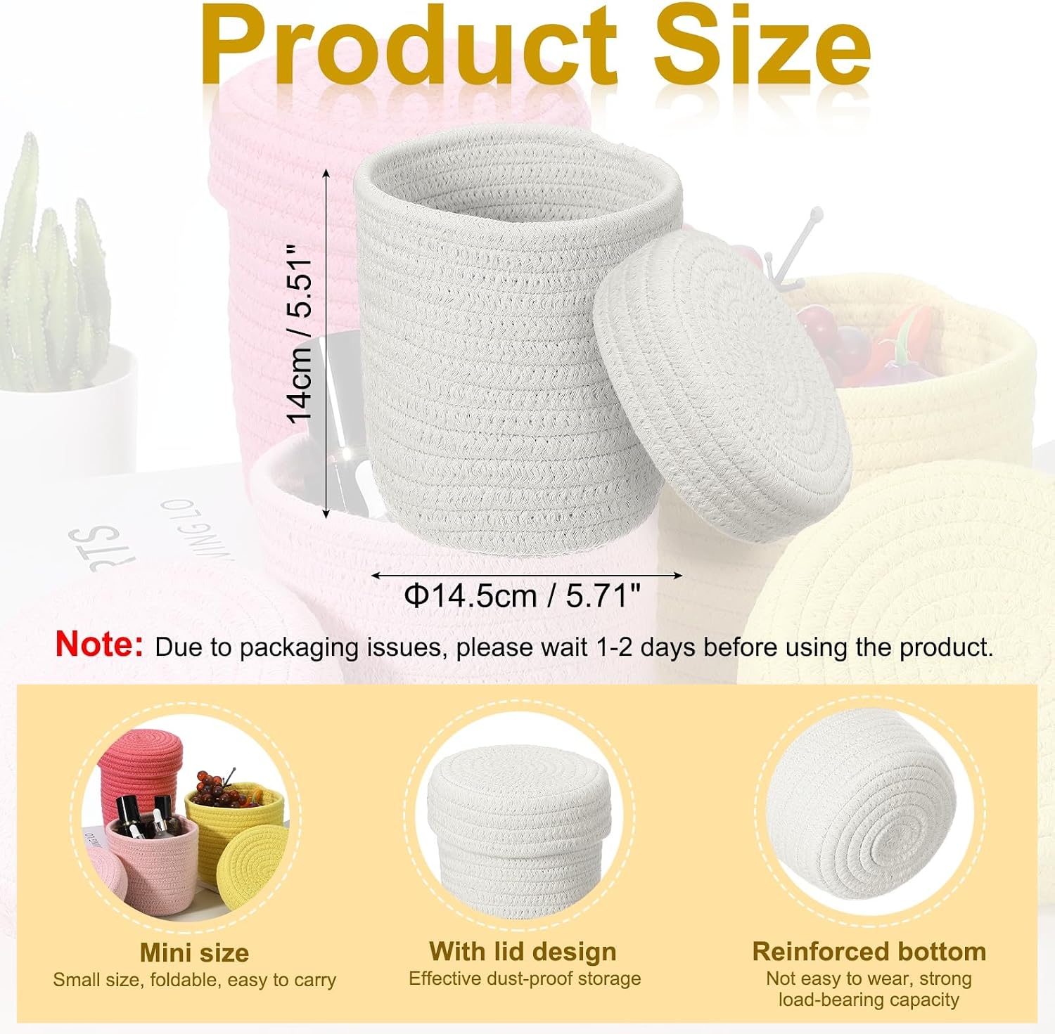 uxcell White Small Cotton Rope Woven Storage Basket, Shelf Closet Storage Gift Woven Baskets Cute Nursery Box Bin Decor Organization Bin for Home Supply, Round with Lid, 5.8x5.6 image 2