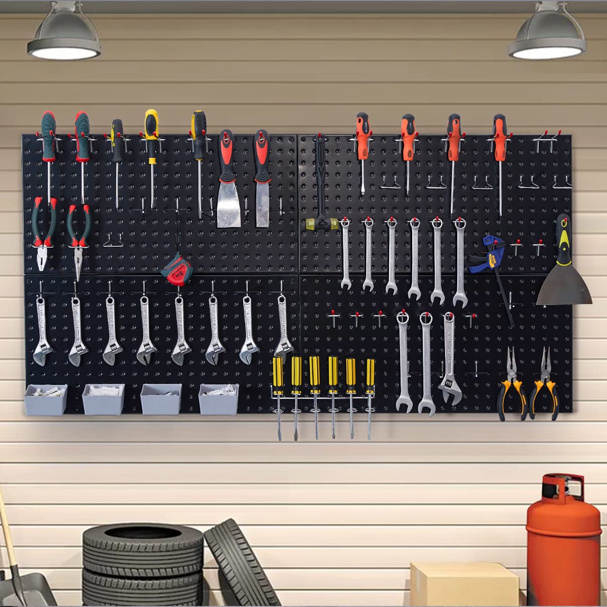 TNINE 97pcs Garage Storage, 48x24 inch Pegboard Wall Organizer, Metal Pegboard with Hooks, Garage Storage Bins, Utility Tool Board, Panel Tool Organizer