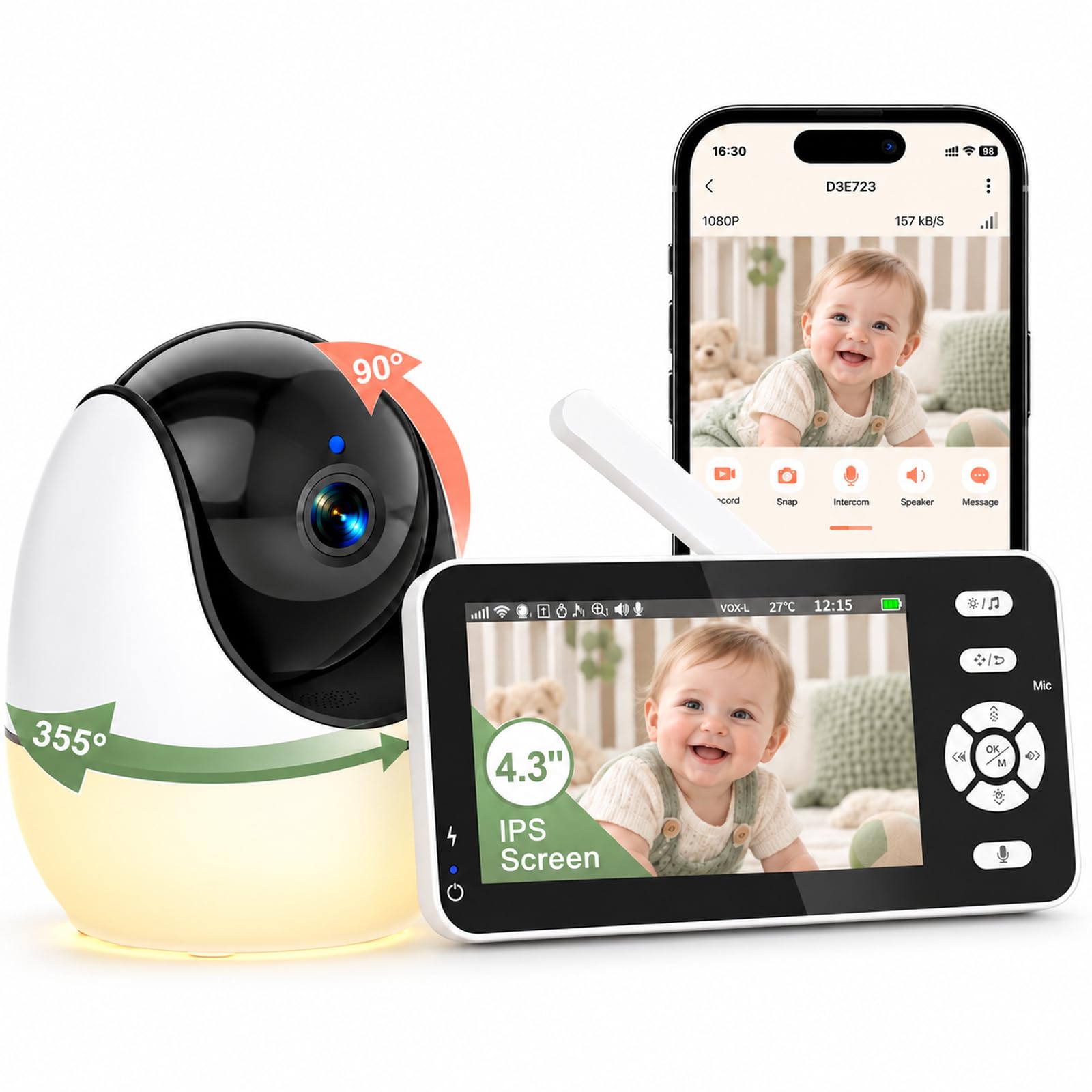 OBVHNUA Baby Monitor 3500mAh WiFi 4,3'' IPS con Telecamera, App, VOX