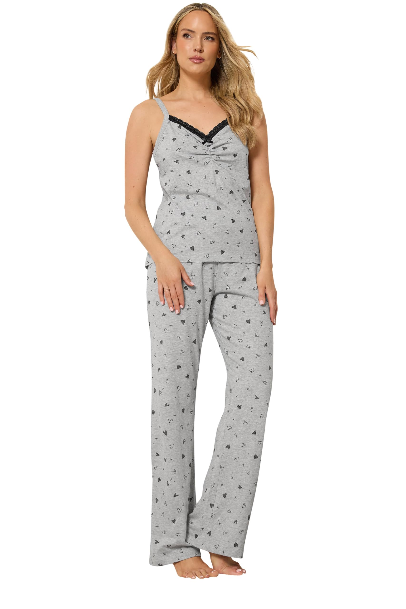 Lts Women's Grey Tall Heart Print Cotton Wide Leg Pyjama Set Size 18-20
