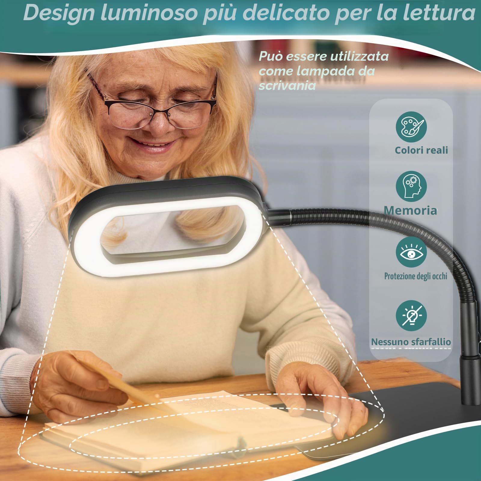 Drdefi 10X Rettangolare Lente di Ingrandimento con Luce LED, Lampada da Scrivania Flessibile con Collo di Cigno, 5 Modalità Colore