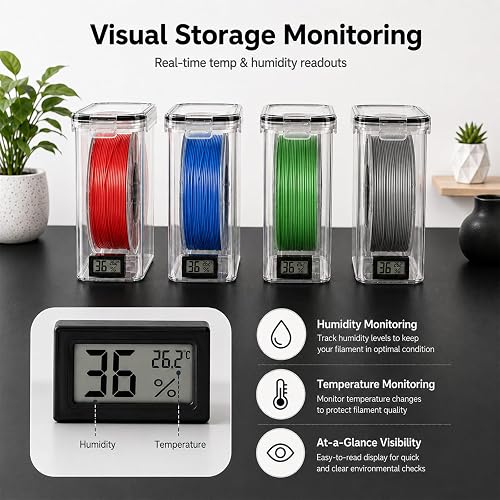 Lot de 4 boîtes de rangement pour filament pour impression 3D, boîte étanche visible avec moniteur de température et d'humidité, paquets de déshydratants, étiquettes et stylo, étanche à l'humidité - 7