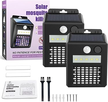 2 Pack of Solar Bug Zapper Outdoor & Mosquito Light - 1000V Electric Bug Trap, Solar-Powered Fly Killer with Motion Sensor, Waterproof & Cordless
