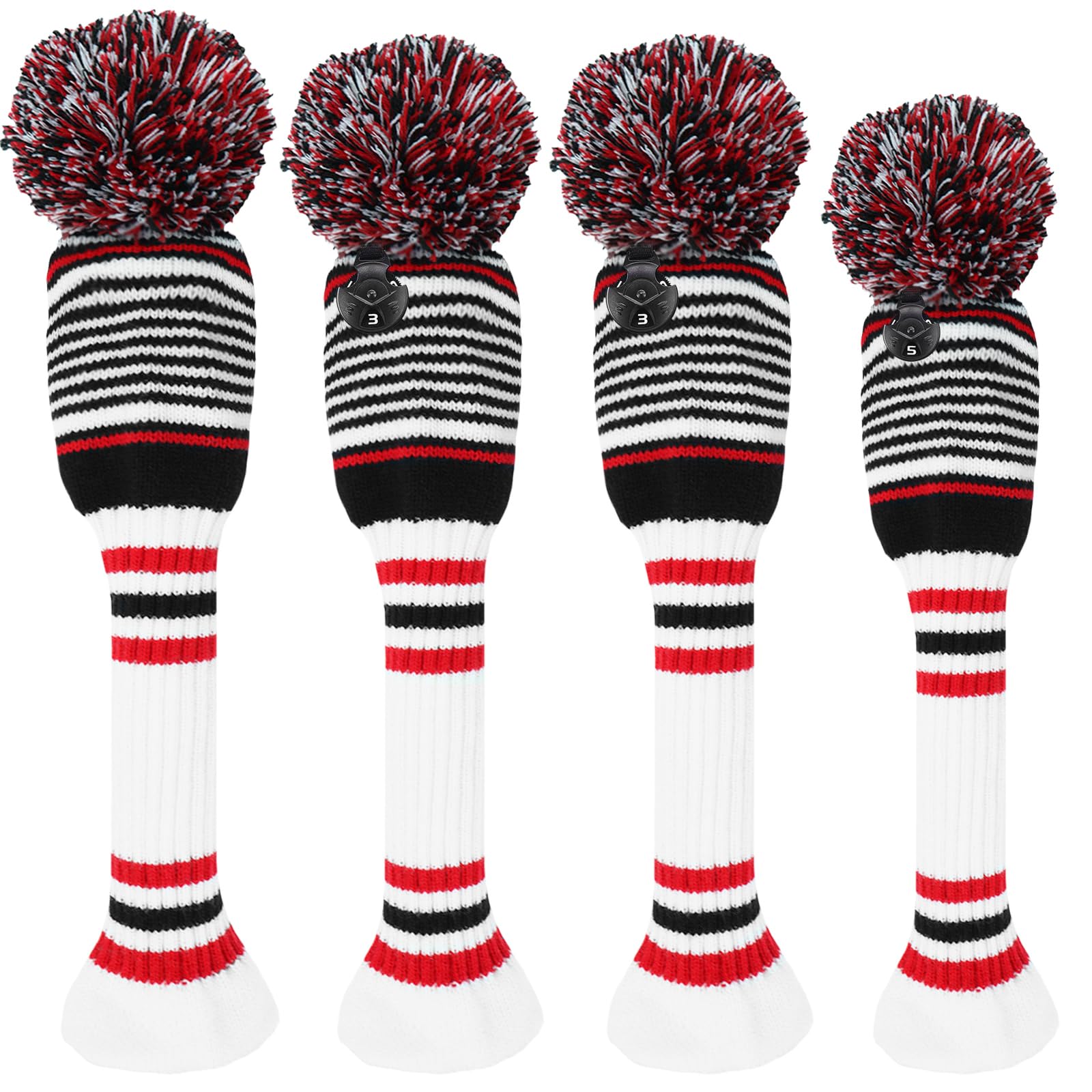 3 or 4 Pack Pom Golf Head Covers for Woods 1 3 5 Driver Fairway Hybrids Golf Wood Head Cover Set with Number Tag Knitted Golf Head Covers