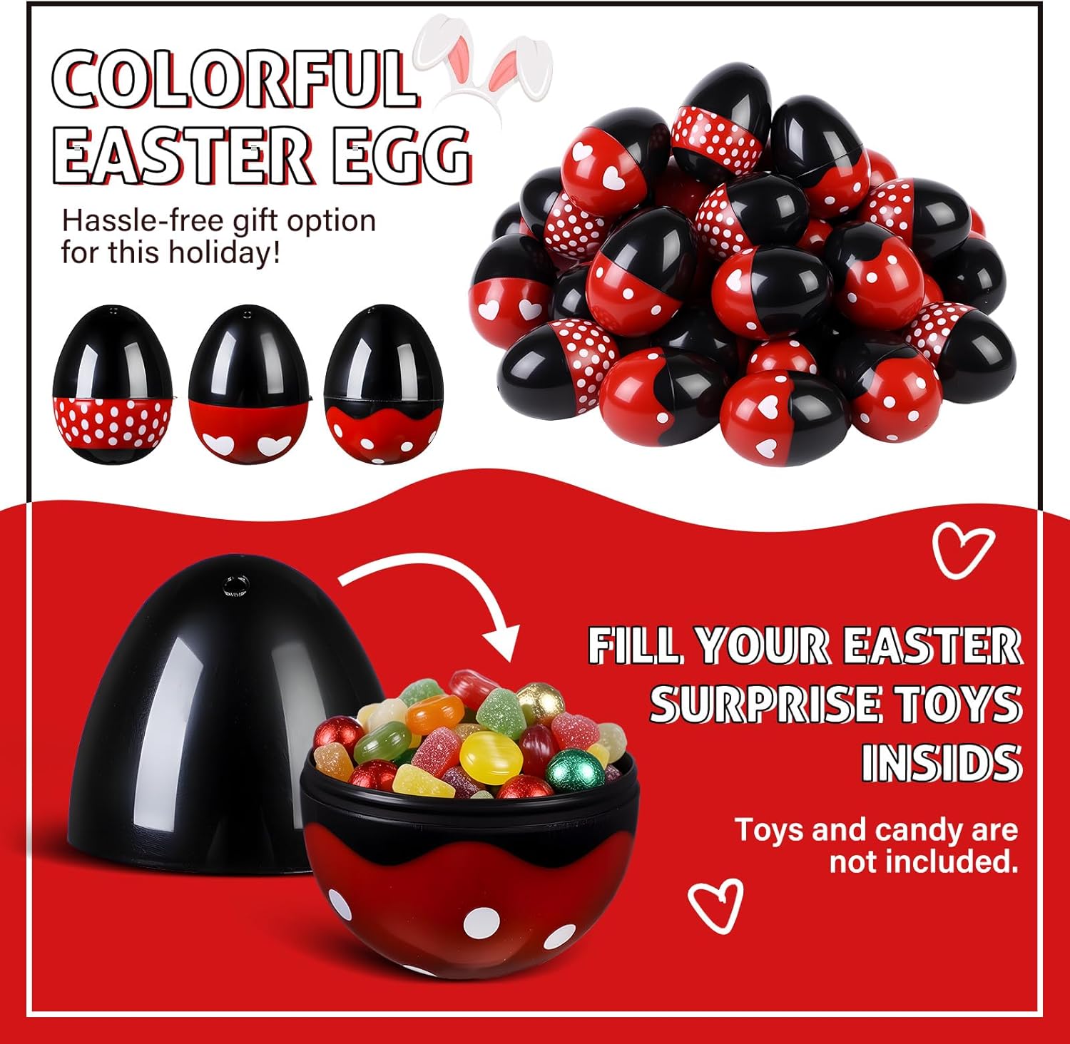 Bucherry 48 Pcs Easter Eggs Mouse Red Black Plastic Fillable Empty Dotted 2.4'' Cartoon Eggs Bulk Easter Decorations Basket Fillers Stuffers for Party Favors Hunt Gifts Classroom Prizes