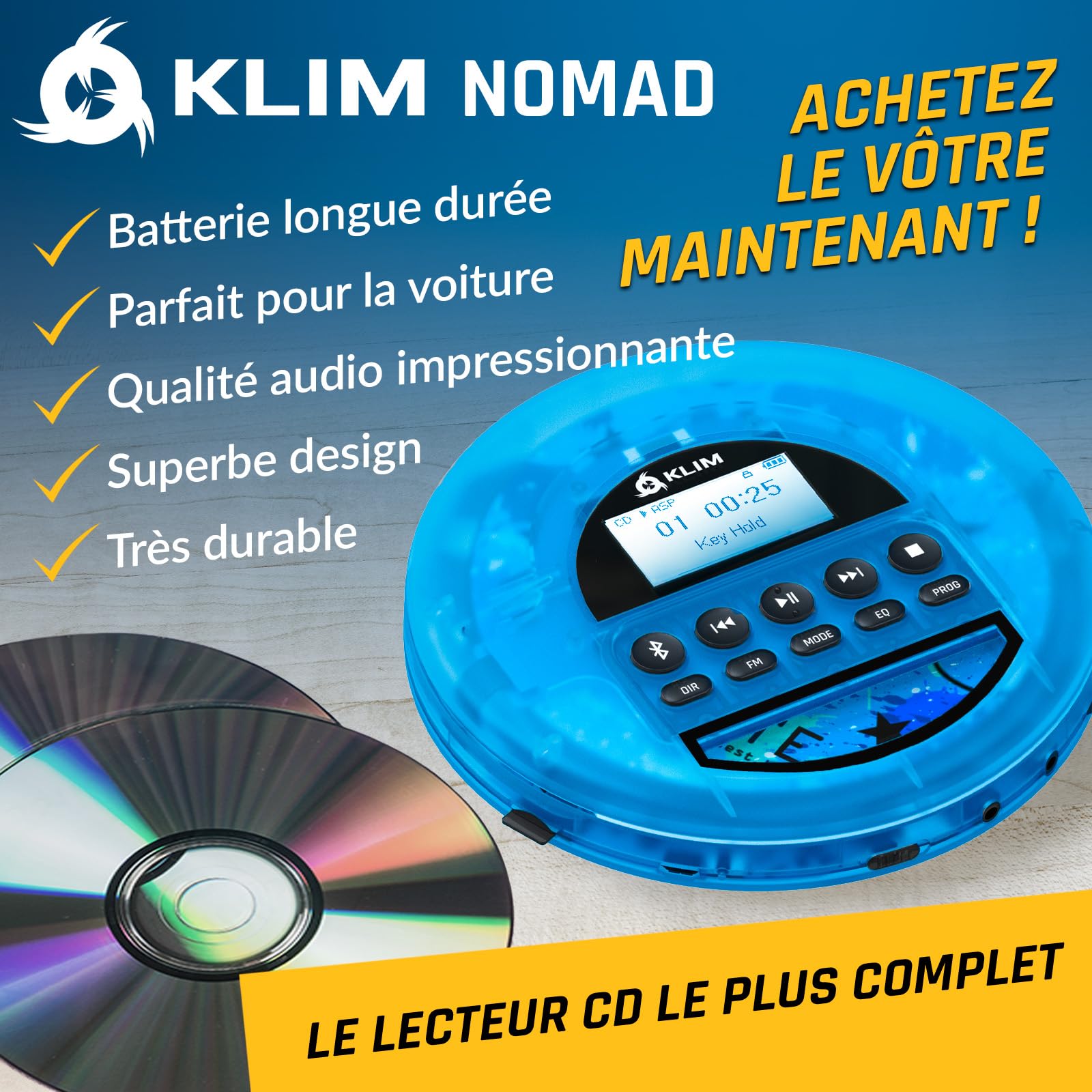 Nomad Lecteur CD Portable Bluetooth - Batterie Longue Durée - Radio FM TF | Écouteurs Inclus, Double Port Audio, Carte TF, Radio FM, Protection Anti-Saut, Câble AUX Voiture - Bleu Transparent