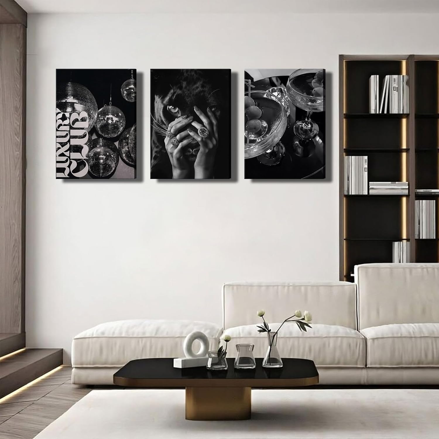 3Pcs Luxury Black And White Cheetah Canvas Wall Art Funky Disco Ball Bar Cart Wall Decor Pictures Fashion Feminism Posters Prints for Girls Bedroom Apartment Dorm Bar Decorations Ready To Hang