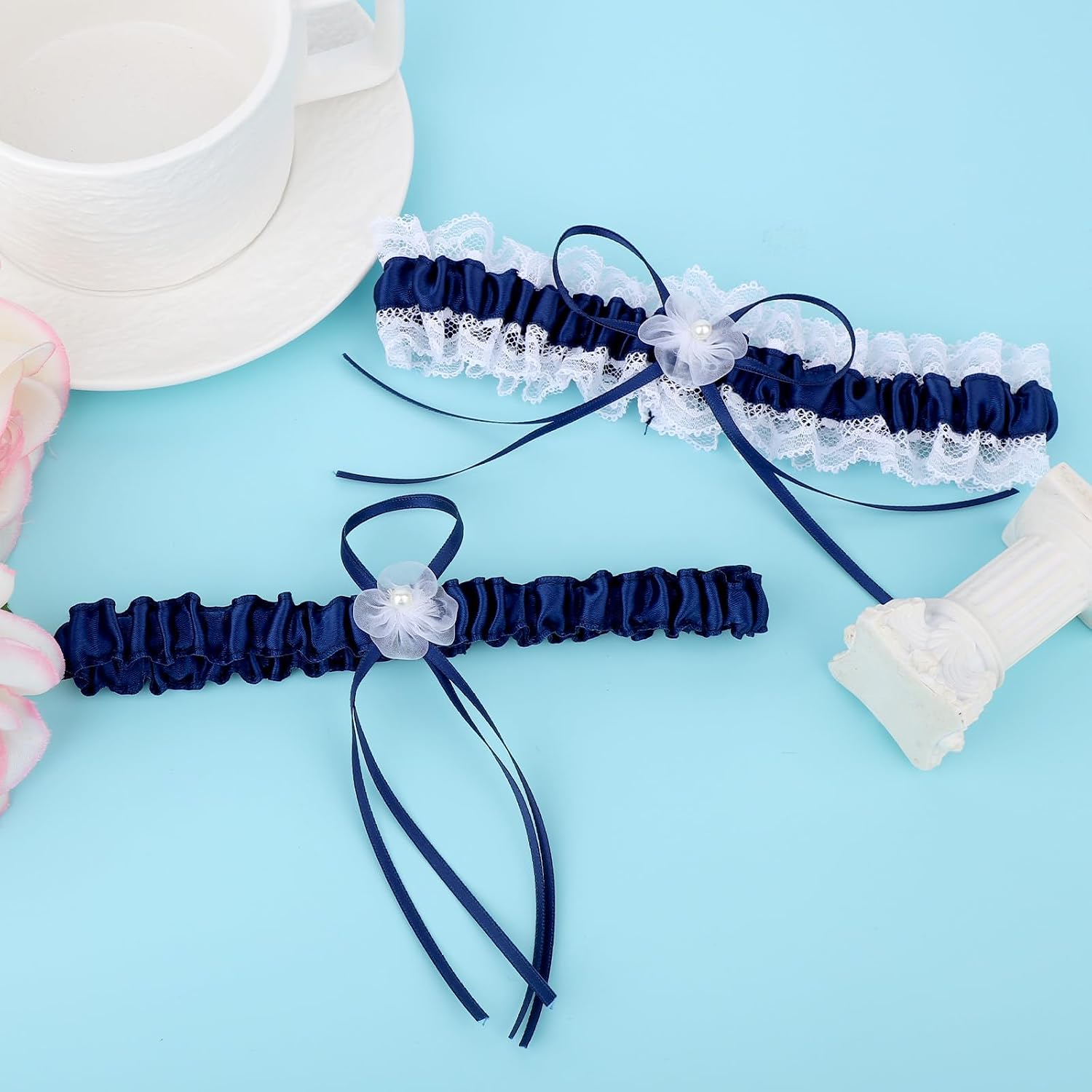 2 Pieces Garters for Bride, Elastic Lace Bridal Garter Bride Wedding Supplies with Faux Pearls and Bow