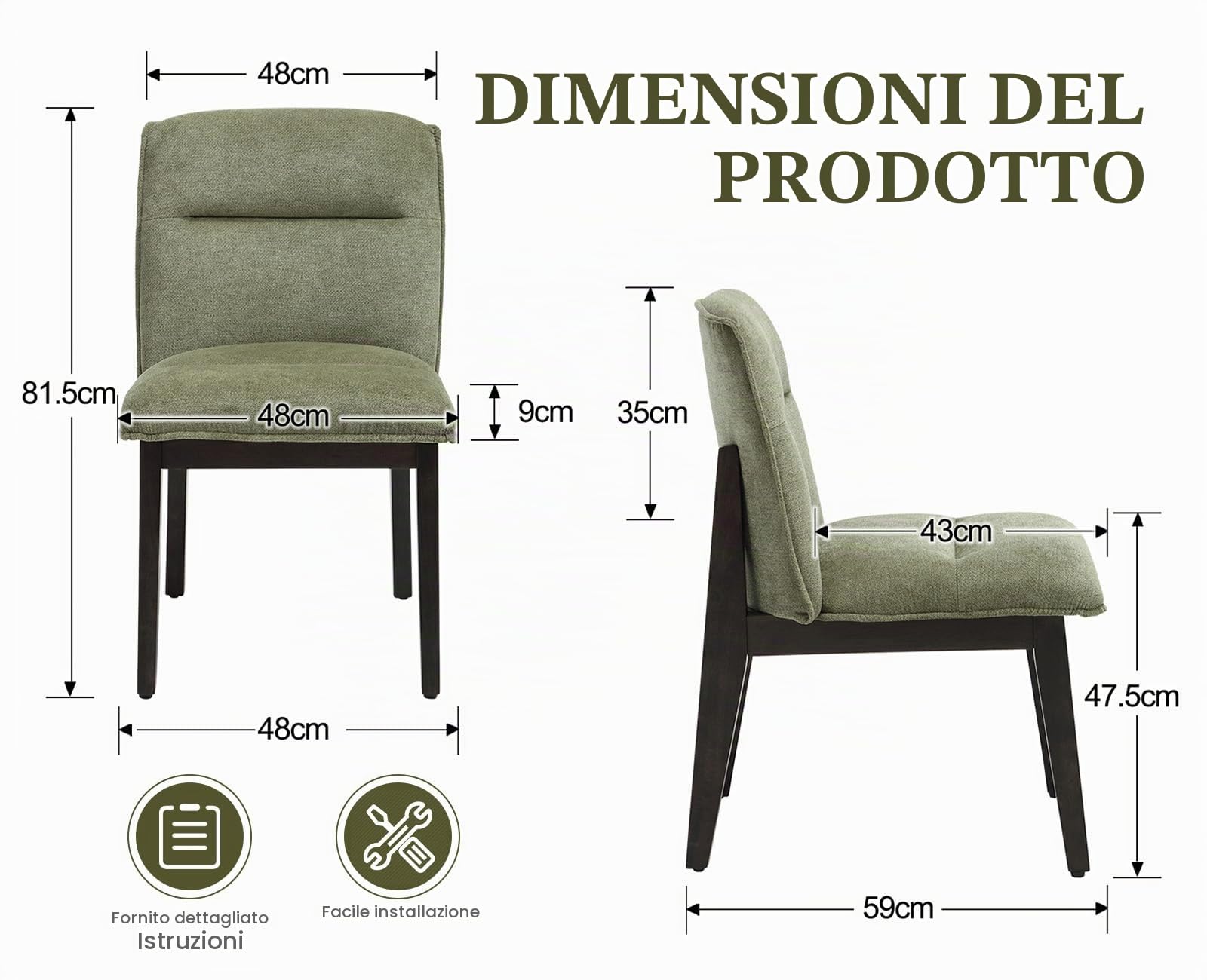 chairus 4 PZ Sedie Cucina in Tessuto con Gambe in Legno, Verde