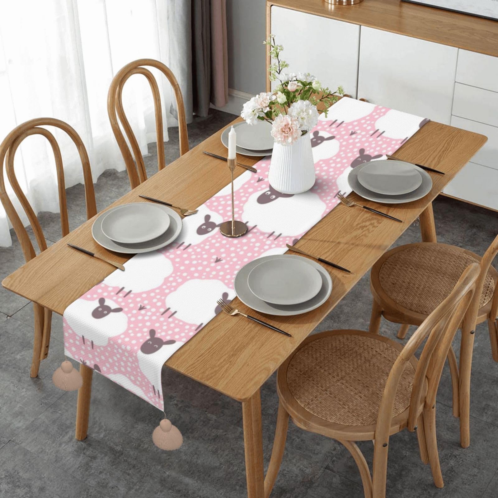 Chemin de table en lin imprimé mouton nappe rose lavable pour fête et cuisine