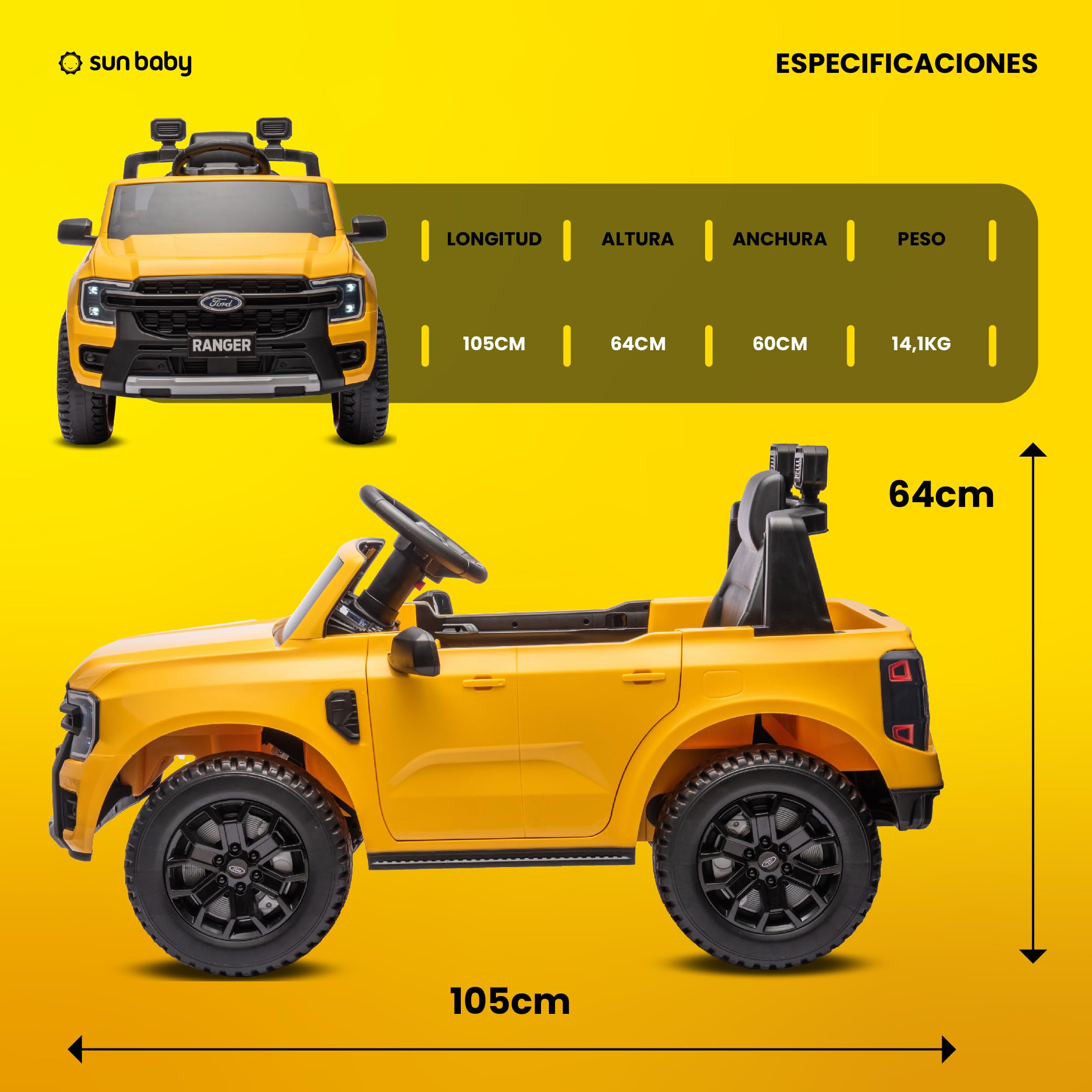 Coche eléctrico para niños Ford de 3 a 6 años, Potencia Motor 30W, Mando a Distancia, suspensión, Faros, Lector MP3 (Amarillo)