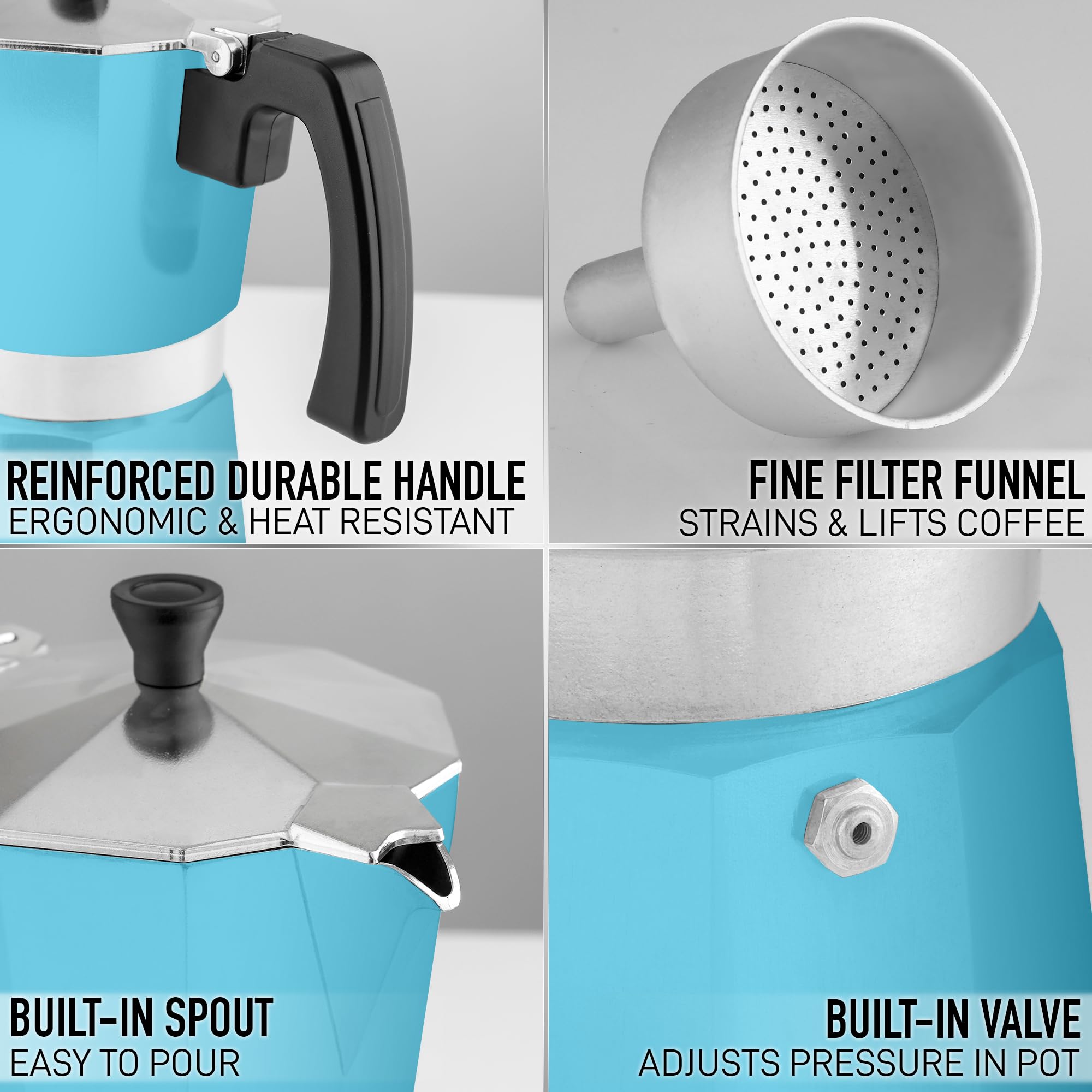 Zulay – Cafetière à expresso à moka de qualité supérieure – Cafetière à expresso anti-fuite – Parfaite pour un expresso authentique de style cubain et italien – Pour 6 tasses à expresso – Bleu clair