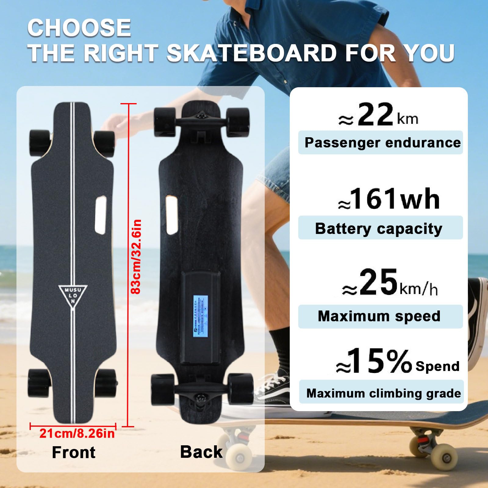 Skateboard Électrique/Planche De Croisière Motorisée avec Télécommande LCD Améliorée - Double Moteur 700 W, Vitesse Maximale De 15 À 35 Km/H (en Option), Freinage À 4 Vitesses 22km