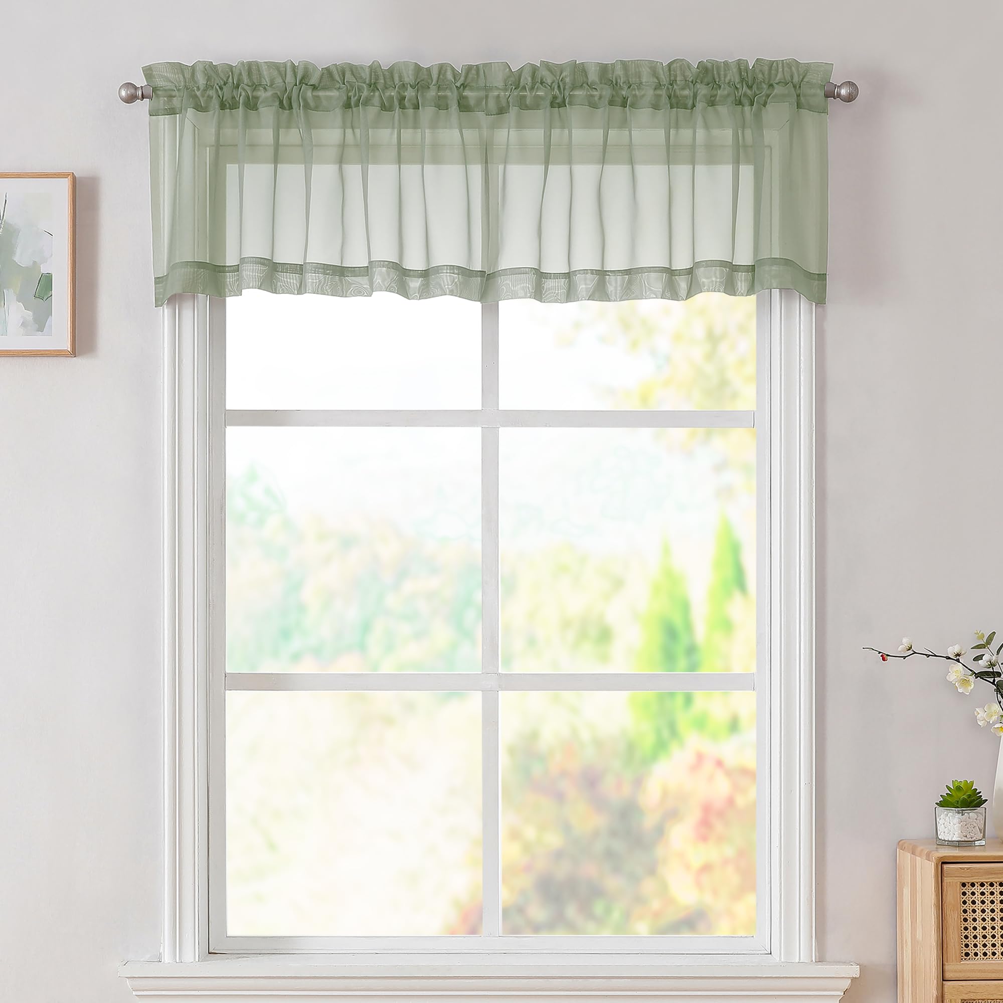 Simplebrand Sage Green Sheer Valances for Window 14 inch, 2 Panels