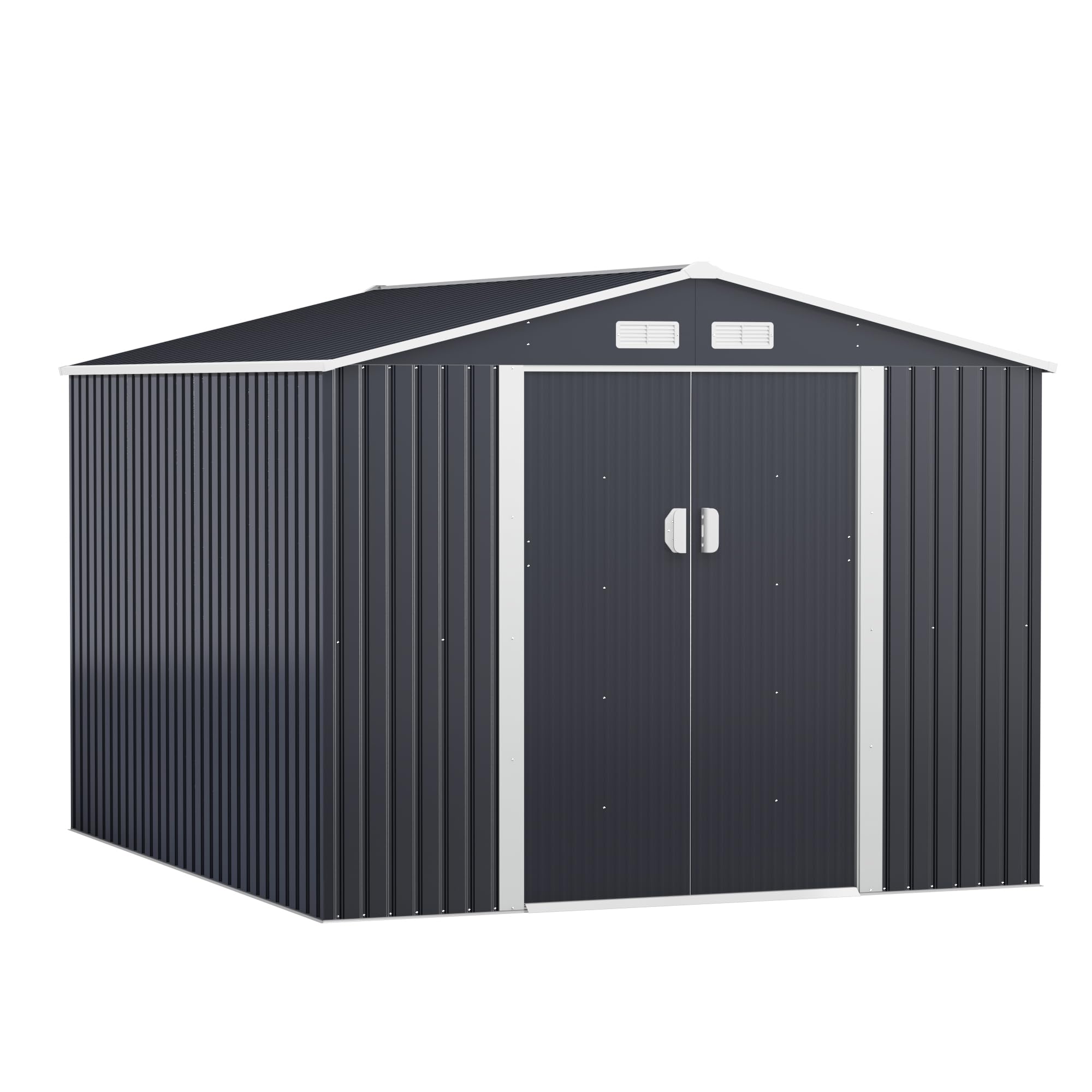 OELUBBY 9.1' x 10.5' Storage Shed Outdoor Metal Storage Clearance, Utility Large Shed Tool House for Backyard Garden Lawn Mower Equipment Organizer w/Lockable Sliding Door, Vents, Floor Frame - Gray