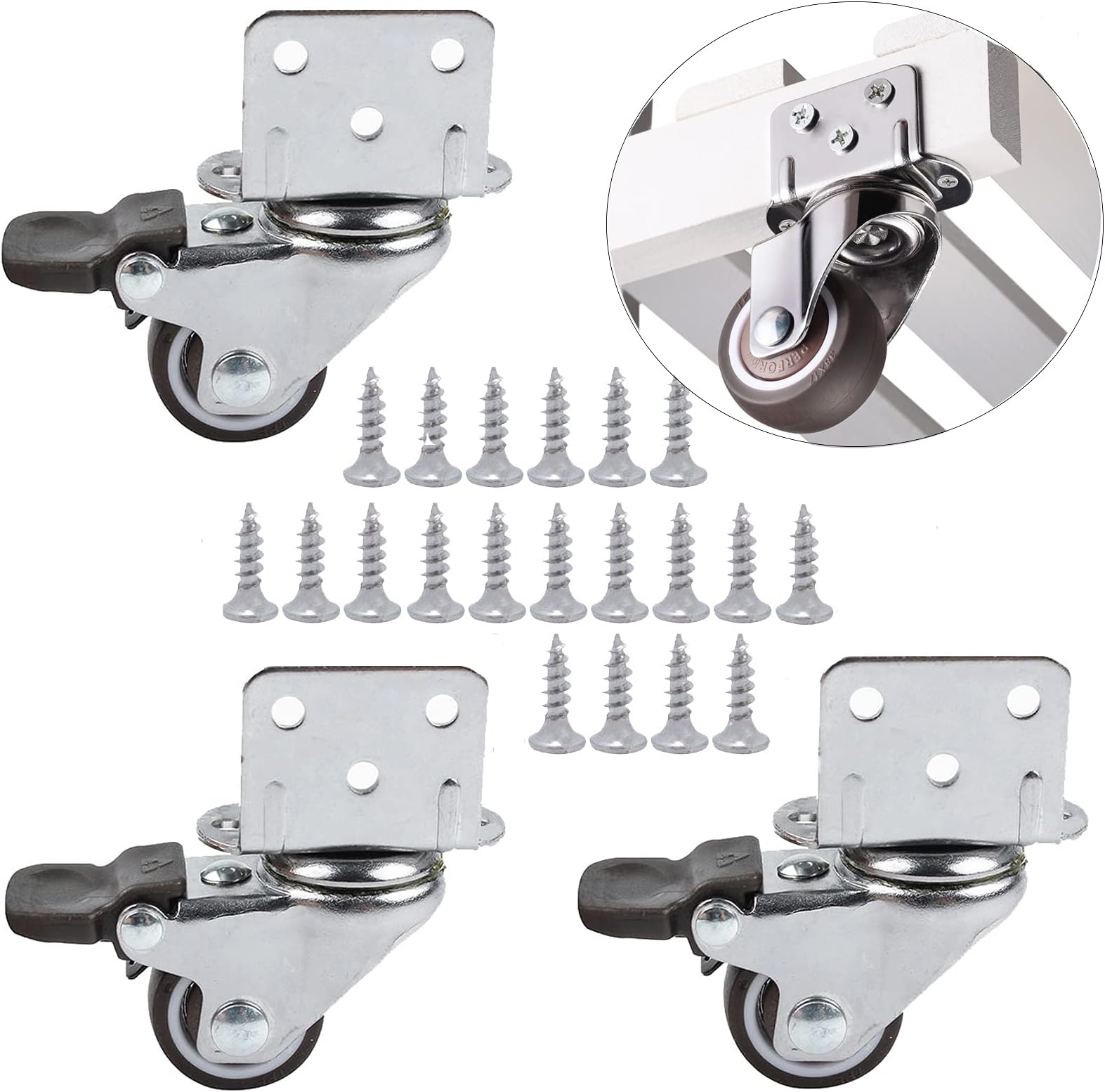 HOWDIA 1" Swivel Plate Caster Wheels with Brake L-Bracket Side Mount TPR Rubber Small Furniture Replacement Silent Mute Locking Casters for Furniture Legs Set of 4